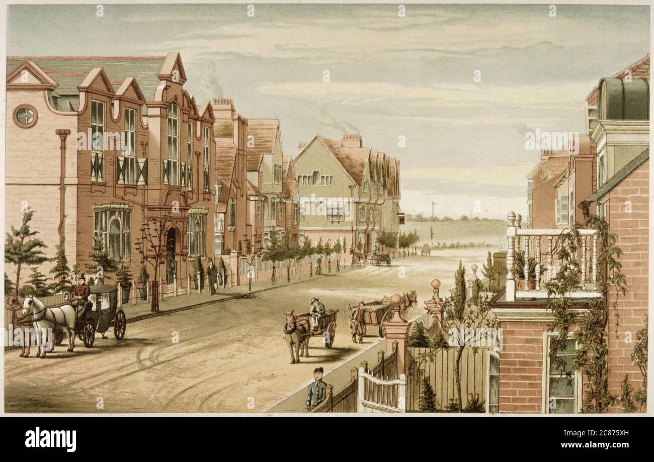 Bedford Park, Chiswick, London prototype of later garden cities and suburbs: School of Art and Tabard Inn, looking west (9 of 9)     Date: 1882 Stock Photo
