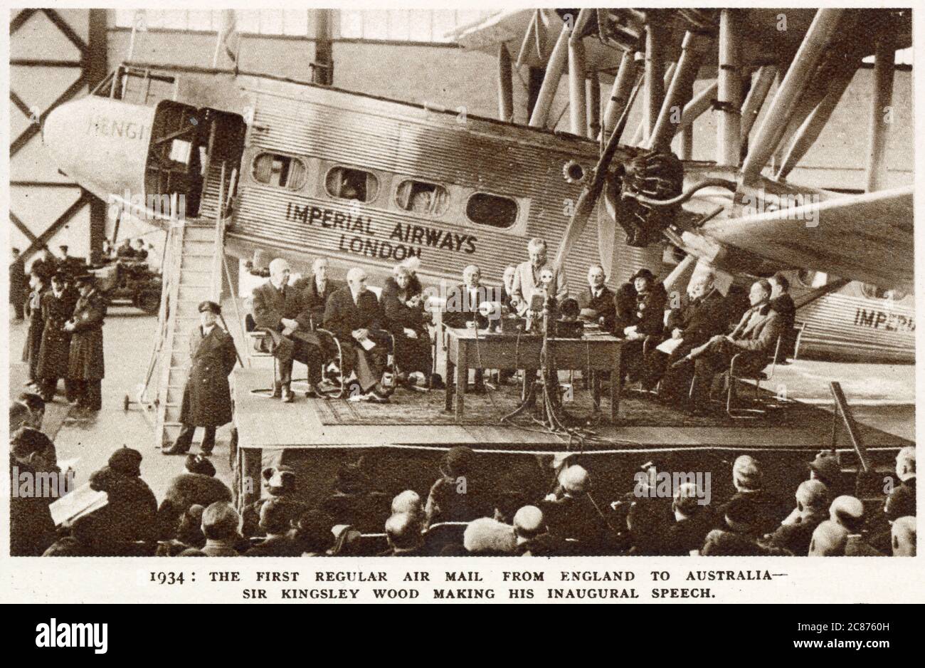 First regular air mail from England to Brisbane in Australia, Sir Kingsley Wood making his speech. Leaving from Croydon, London in Imperial Airways liner. Stock Photo