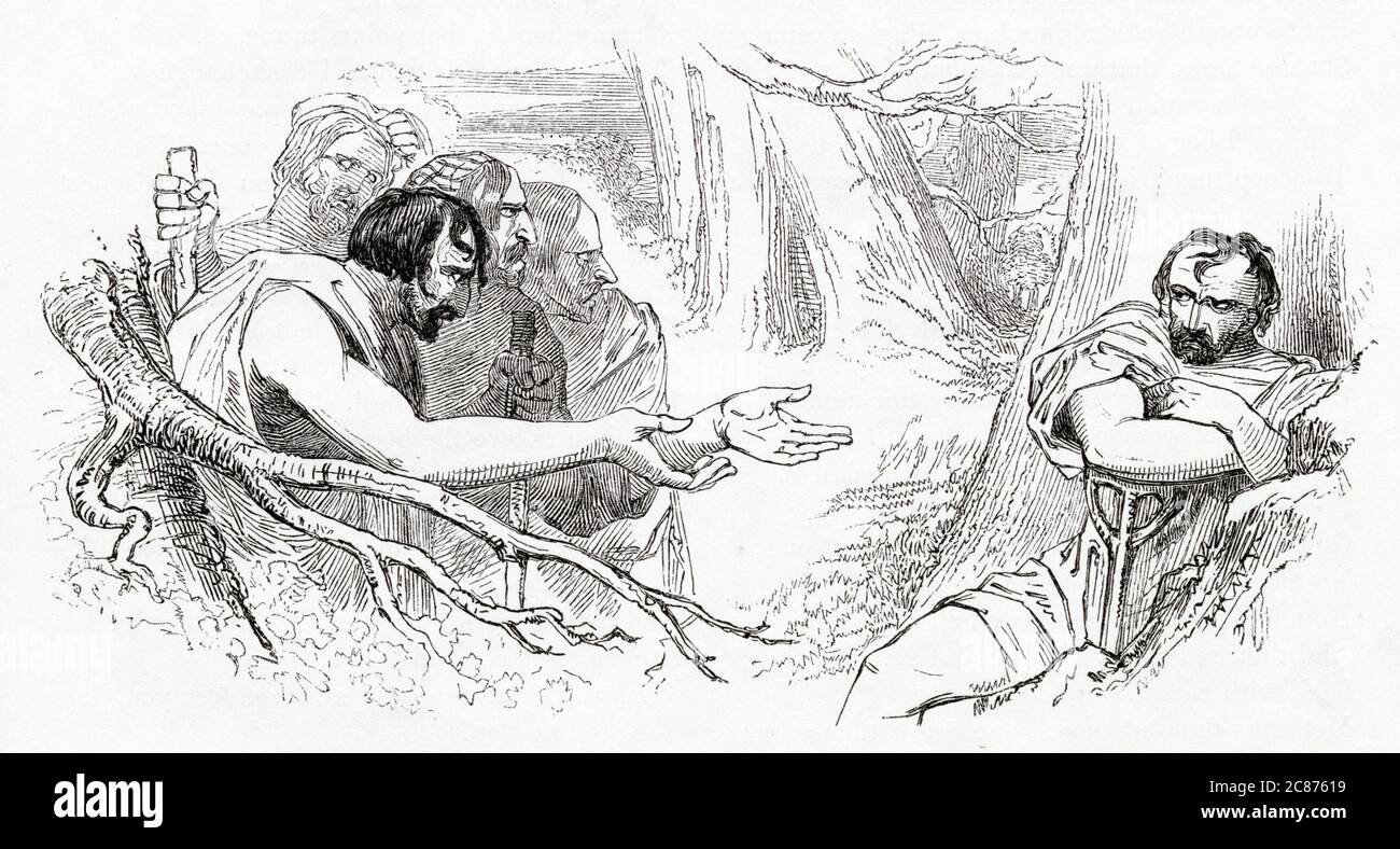 Illustration by Kenny Meadows to Timon of Athens, by William Shakespeare. In the woods outside Athens, thieves come to Timon asking for gold, but he has none. Instead he tells them they can live by eating and drinking what nature has to offer.      Date: 1840 Stock Photo