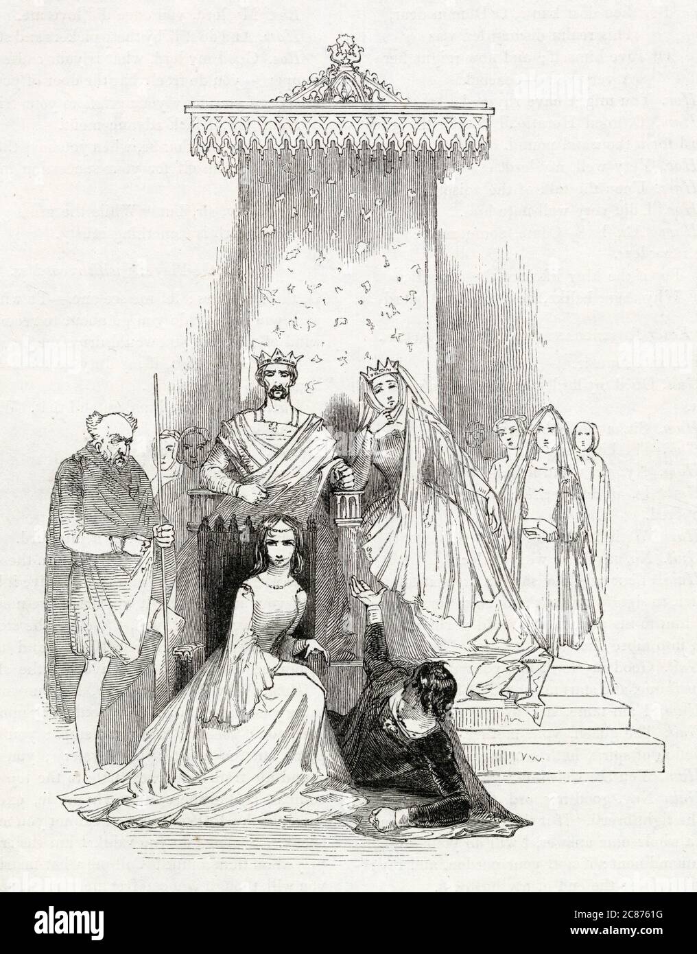 Illustration by Kenny Meadows to Hamlet, Prince of Denmark, by William Shakespeare. King Claudius, Queen Gertrude, Hamlet, Ophelia, Polonius and courtiers, watching the play within the play, designed to confirm Claudius's guilt in killing his brother. Stock Photo