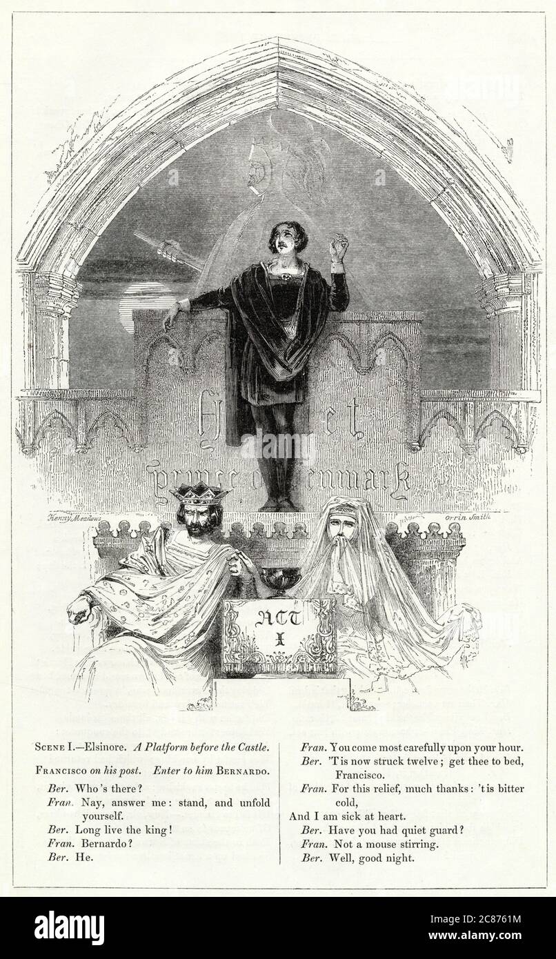 Illustration by Kenny Meadows to Hamlet, Prince of Denmark, by William Shakespeare. Introductory illustration to Act I, with Hamlet and the Ghost of his father on the battlements above, with King Claudius and Queen Gertrude seated on their thrones below. Stock Photo