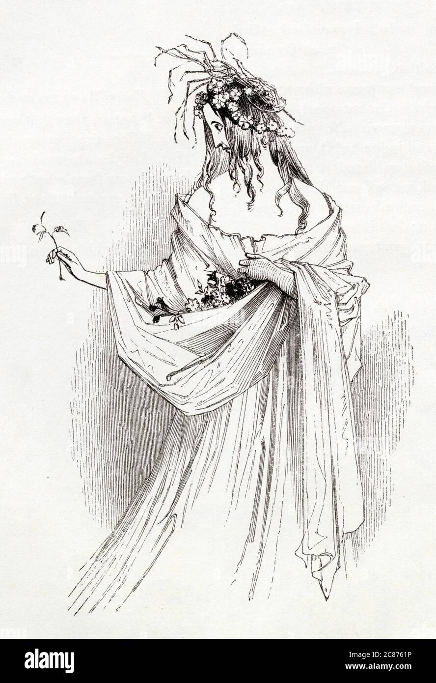 Illustration by Kenny Meadows to Hamlet, Prince of Denmark, by William Shakespeare. Ophelia with flowers and straws, having gone mad with grief following the death of her father Polonius.      Date: 1840 Stock Photo