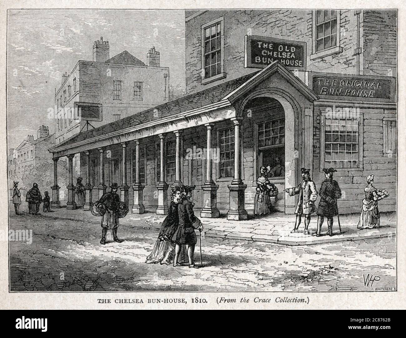 The Chelsea Bun House in 1810, originator of the Chelsea bun and patronised by Hanoverian royalty, Kings George II and III. The shop was on the main road from Pimlico to Chelsea . Stock Photo