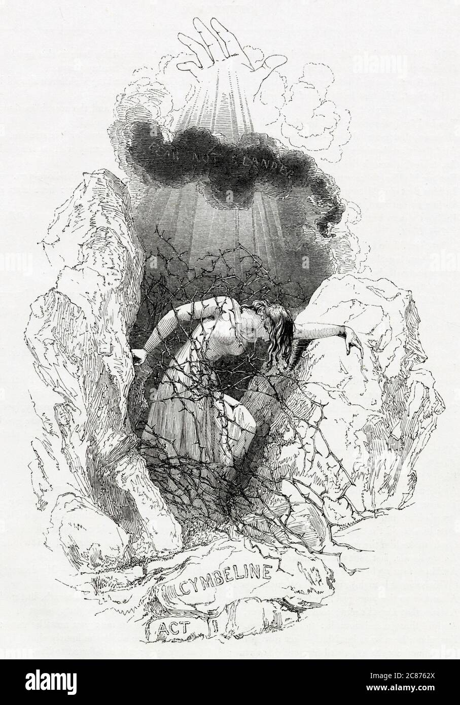 Illustration by Kenny Meadows to Cymbeline, by William Shakespeare. Introductory illustration to Act I, showing Imogen struggling through thorny branches.      Date: 1840 Stock Photo