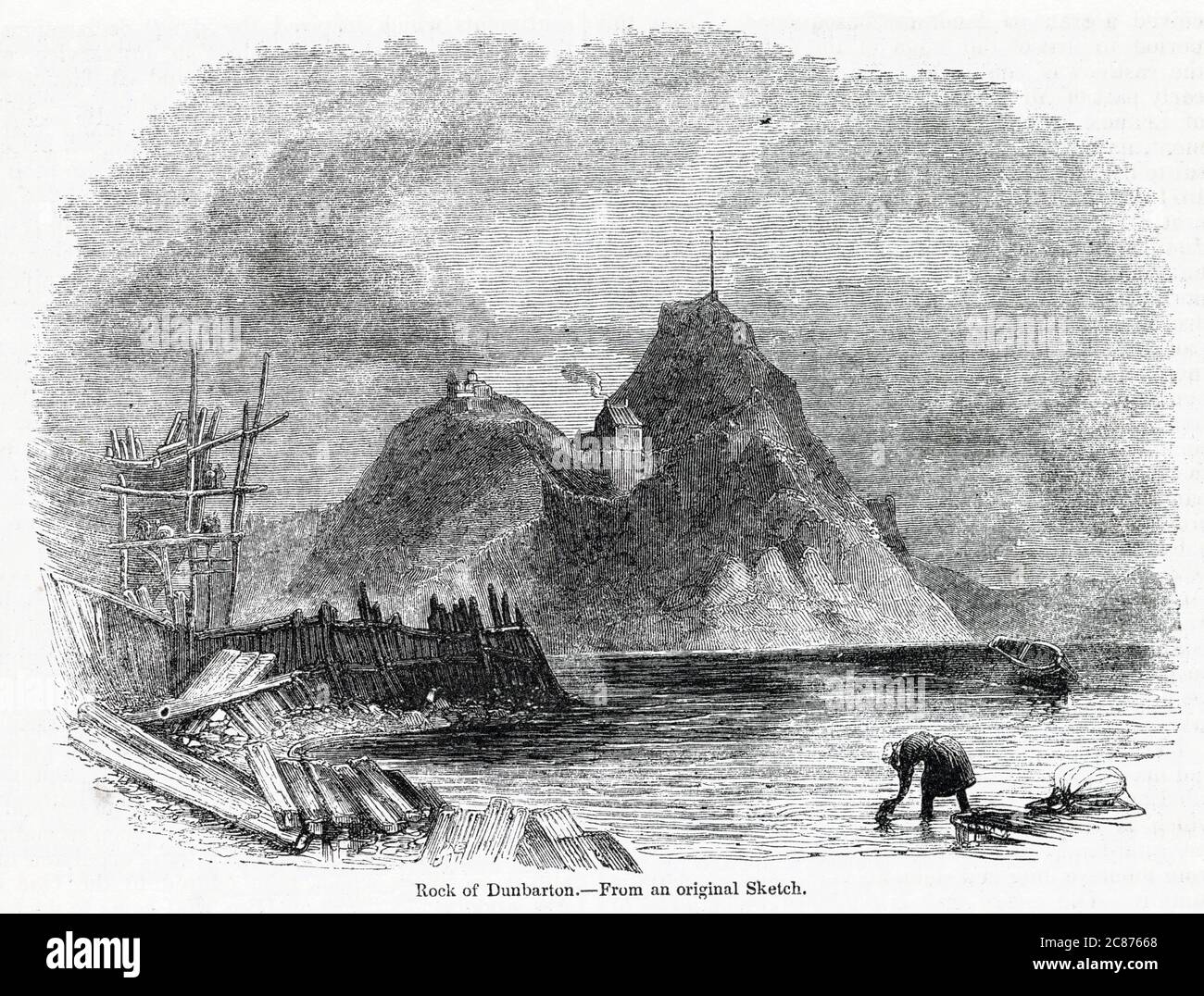 View of Dumbarton Castle and Dumbarton Rock, on the River Clyde, Scotland. Date: 1841 Stock Photo
