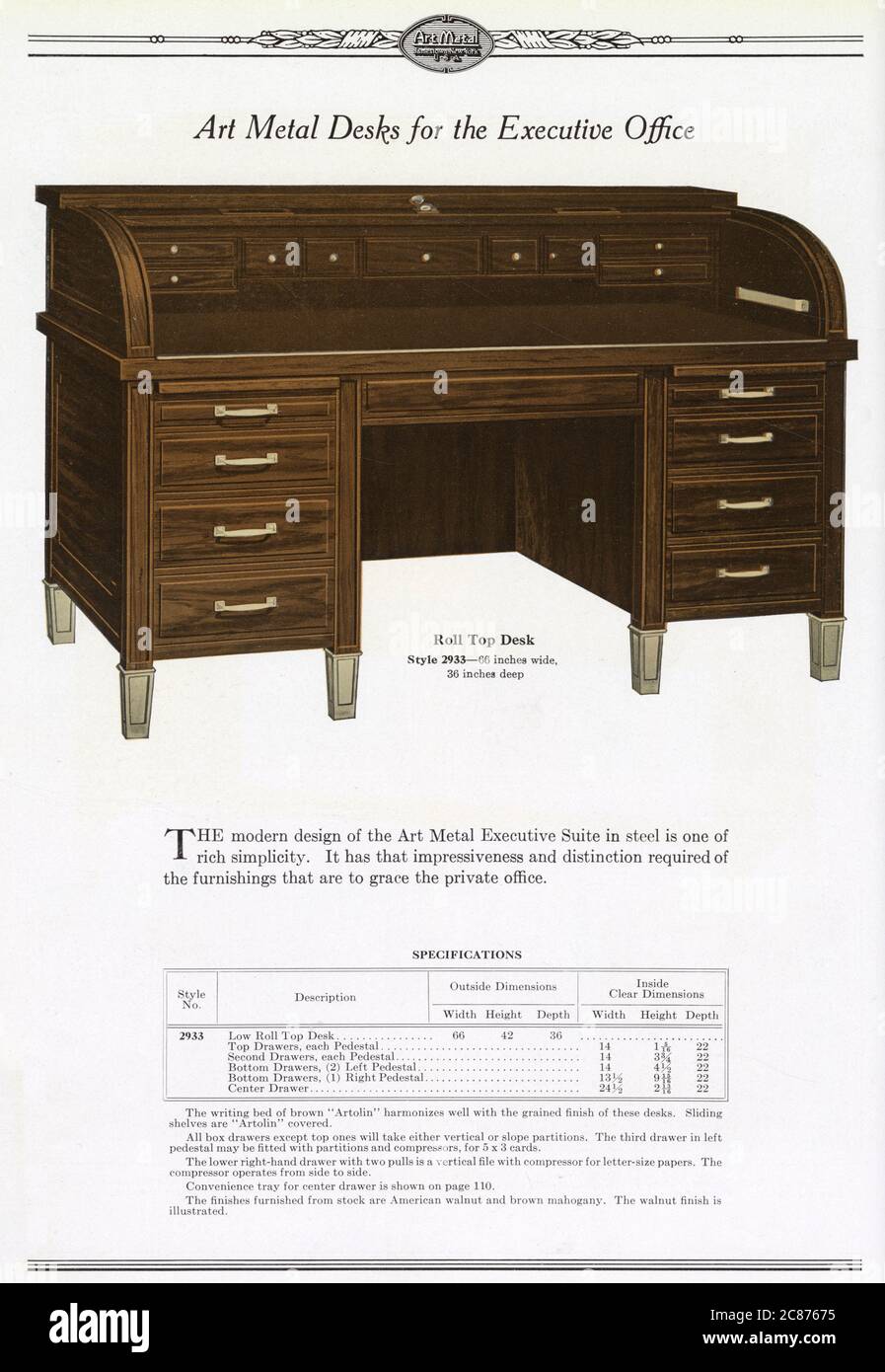 Art Metal Steel Office Equipment, Jamestown, New York, USA - Art Metal Roll Top Desk for the Executive Office, seen here with Mahogany finish. Stock Photo