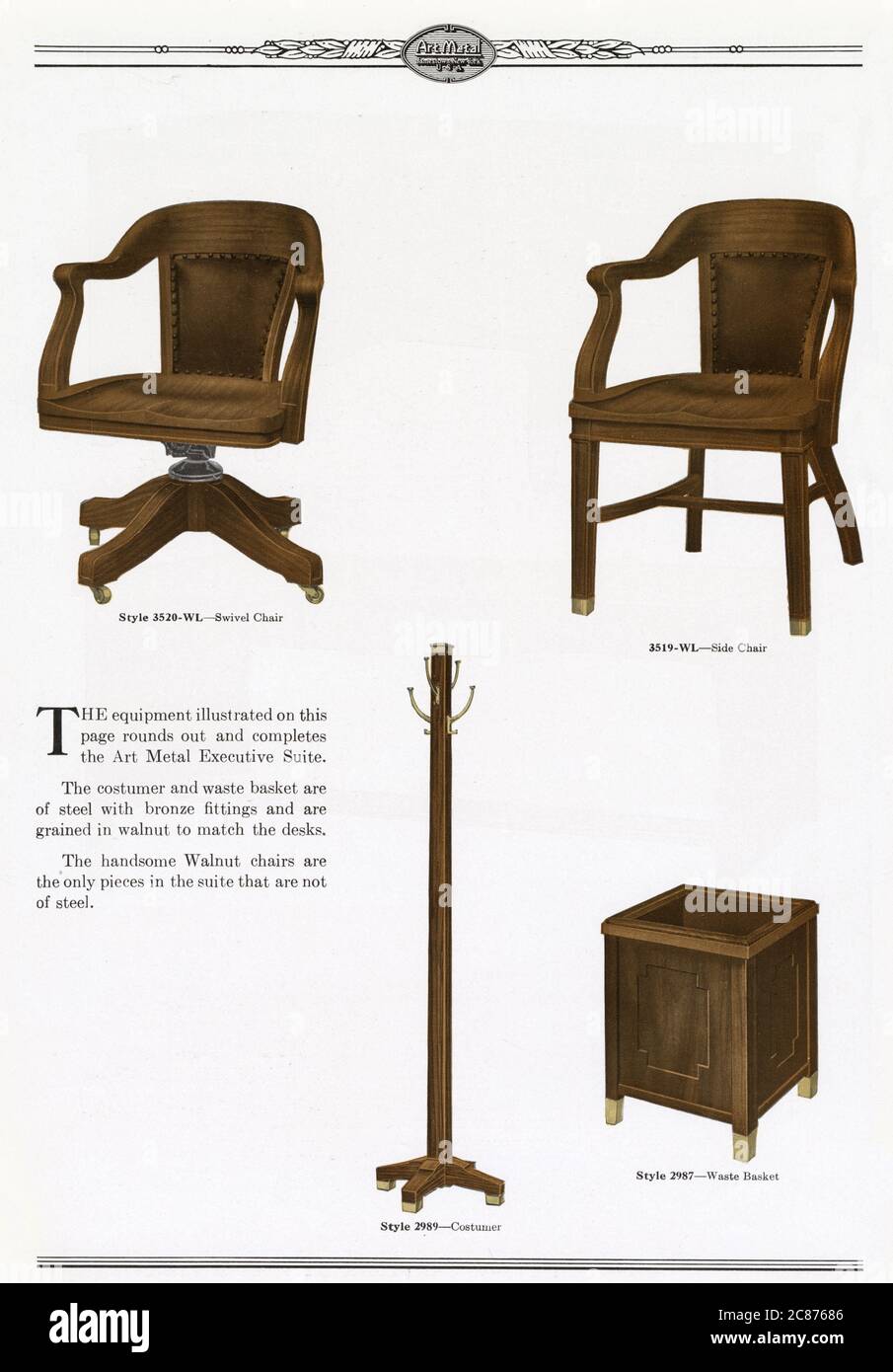 Art Metal Steel Office Equipment, Jamestown, New York, USA - Art Metal furniture for the Executive Office (Swivel Chair and Side Chair in walnut, Hat Stand and Waste Basket in steel with bronze fittings and walnut finish). Stock Photo