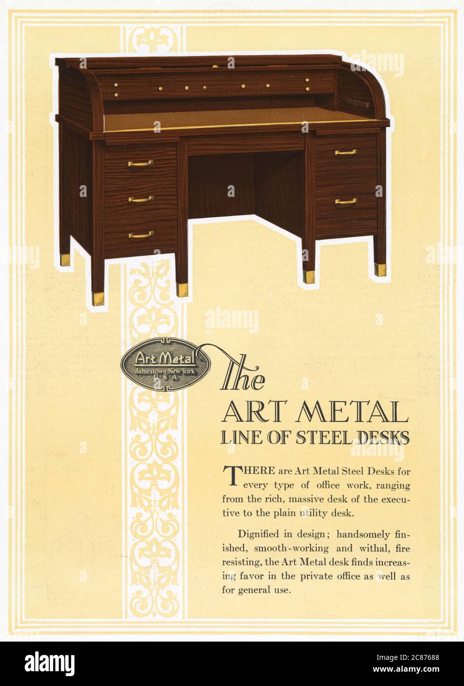 Art Metal Steel Office Equipment, Jamestown, New York, USA - The Art Metal Line of Steel Desks, seen here with Mahogany finish. Ranging from the rich, massive desk of the executive to the plain utility desk. Date: 1926 Stock Photo