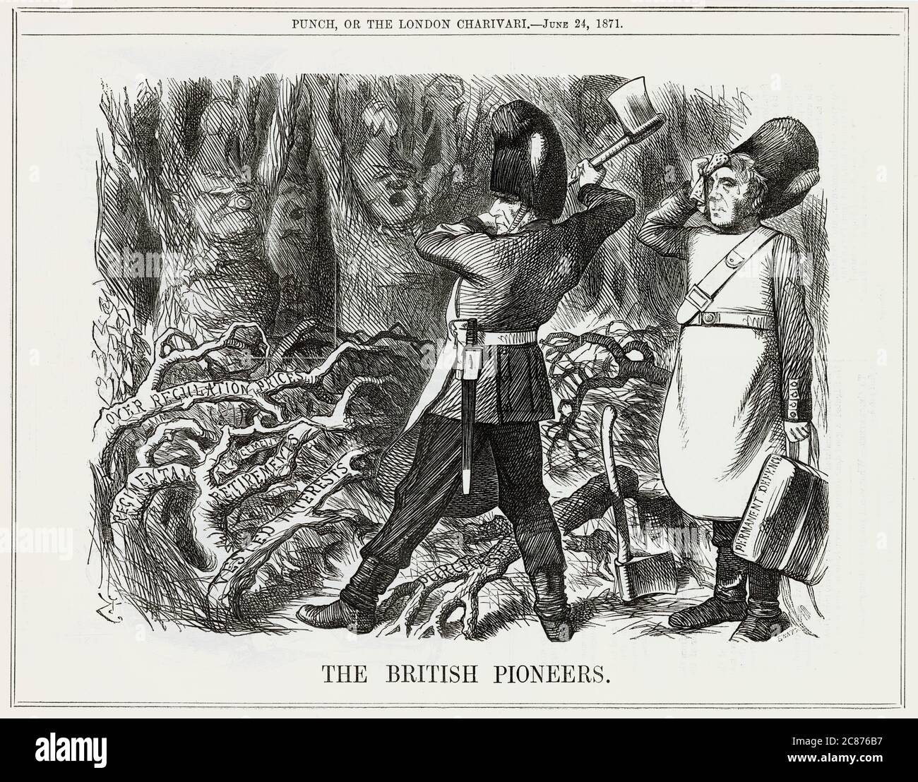 Cartoon, The British Pioneers -- Gladstone in uniform takes an axe to some tangled tree roots, representing the Army Bill, which proved difficult for his government to carry in parliament. Only the part of the Bill relating to the abolition of the Purchase System went ahead. Stock Photo