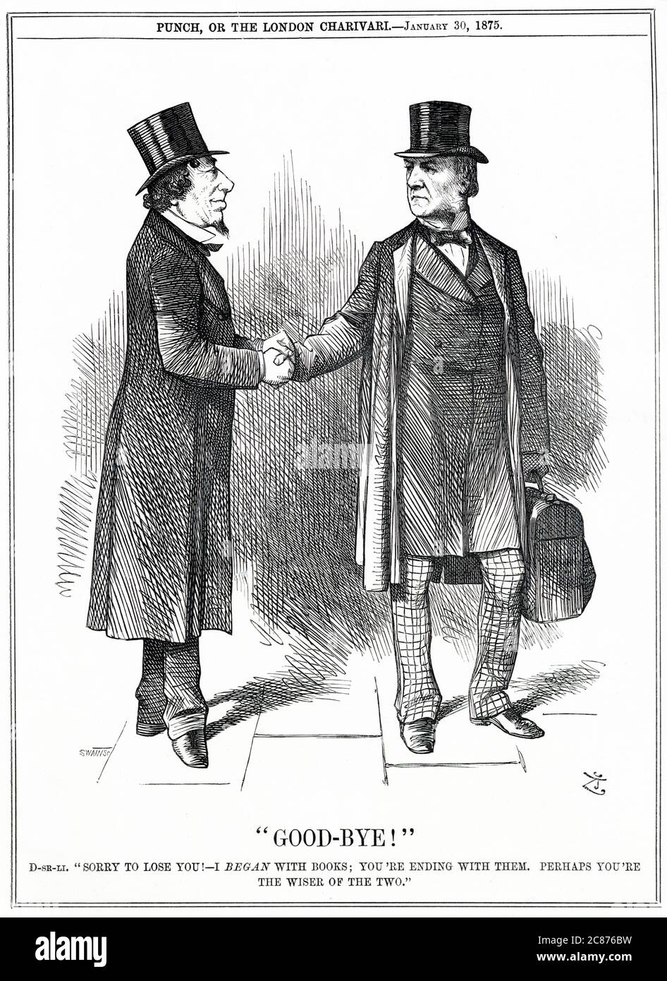 Cartoon, Good-Bye!  Conservative Prime Minister Benjamin Disraeli says goodbye to his political rival, William Gladstone, who was giving up the leadership of the Liberal Party, and not intending to appear much in Parliament during the 1875 sessions. Gladstone had already published a pamphlet challenging the Pope's claim to infallibility, and was about to publish a second one defending the first pamphlet against various criticisms it had attracted. (Gladstone would return to politics later.) Stock Photo