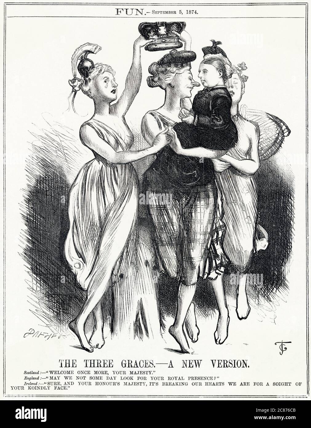 Cartoon, The Three Graces -- A New Version. England, Scotland and Ireland, represented by three female figures posing as the classical Three Graces, hold a diminutive figure of Queen Victoria, and lament that they don't see much of her these days. A comment on Victoria's long absence from public view, following the premature death of Prince Albert in 1861. Stock Photo