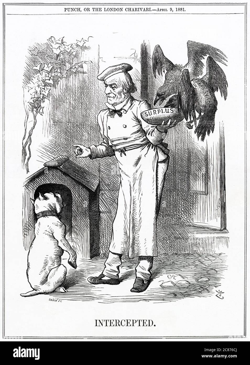 Cartoon, Intercepted -- a satirical comment on Gladstone as Liberal Prime Minister and Chancellor of the Exchequer, with a budgetary surplus. He is depicted here as a chef, intending to give the surplus to John Bull (bulldog), not noticing that two hungry birds, representing conflicts in Afghanistan and Transvaal, are already pecking at the bowl's contents. Stock Photo