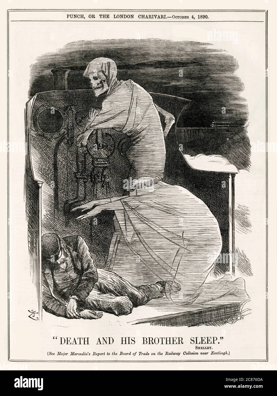 Death and His Brother Sleep, Shelley.  (See Major Marindin's Report to the board of Trade on the Railway Collision near Eastleigh). A ghostly, shrouded figure haunts a collapsed train driver, while death drives the train. Stock Photo
