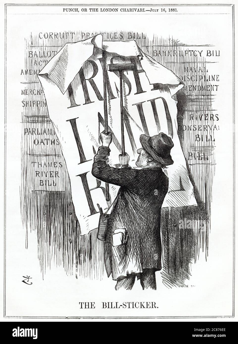 Cartoon, The Bill-Sticker -- a satirical comment on Gladstone as Liberal Prime Minister, choosing to prioritise the Irish Land Bill over other planned legislation. Stock Photo
