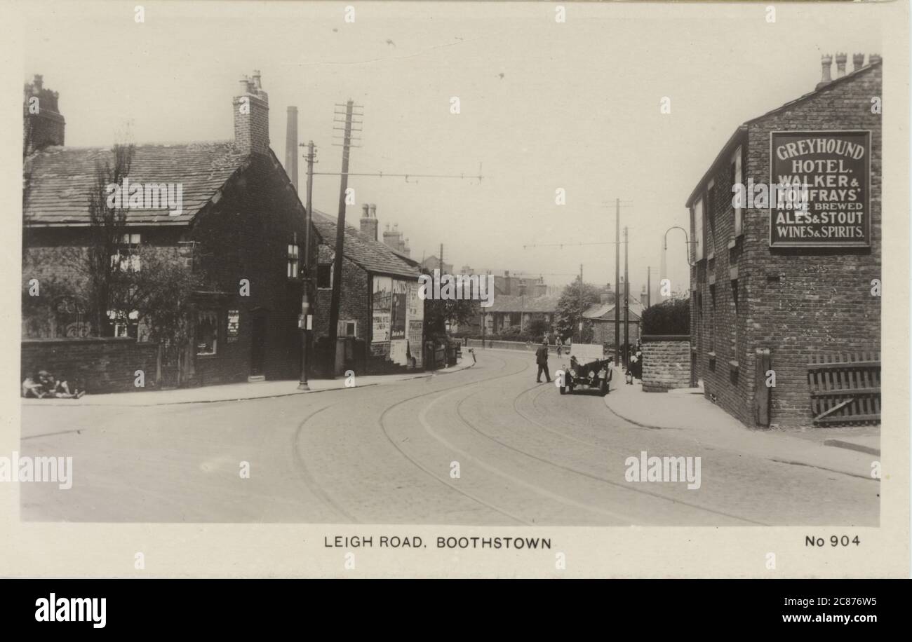 Leigh Road (Showing the Greyhound Hotel and a Bullnosed Morris Vintage Car), Boothstown