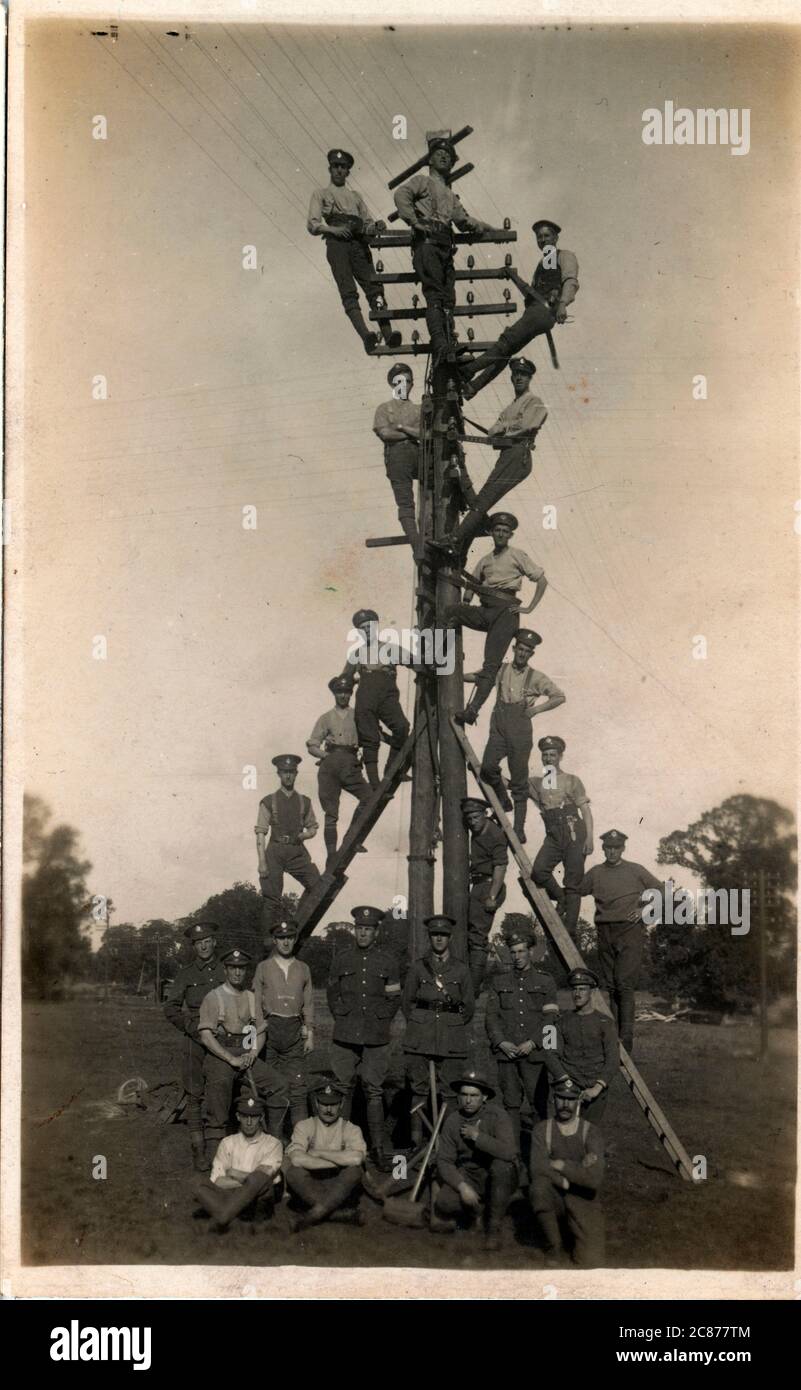 WW2 Royal Engineers up Telegraph Pole, Britain. Stock Photo