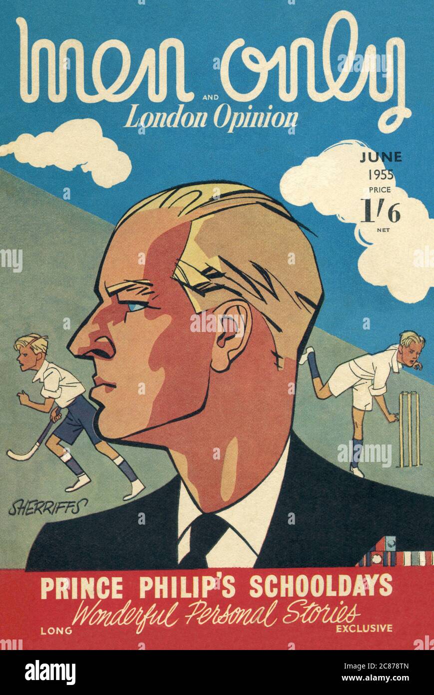 The front cover of Men Only and London Opinion magazine - June, 1955 - Prince Philip's Schooldays, featuring 'wonderful personal stories'.     Date: 1955 Stock Photo