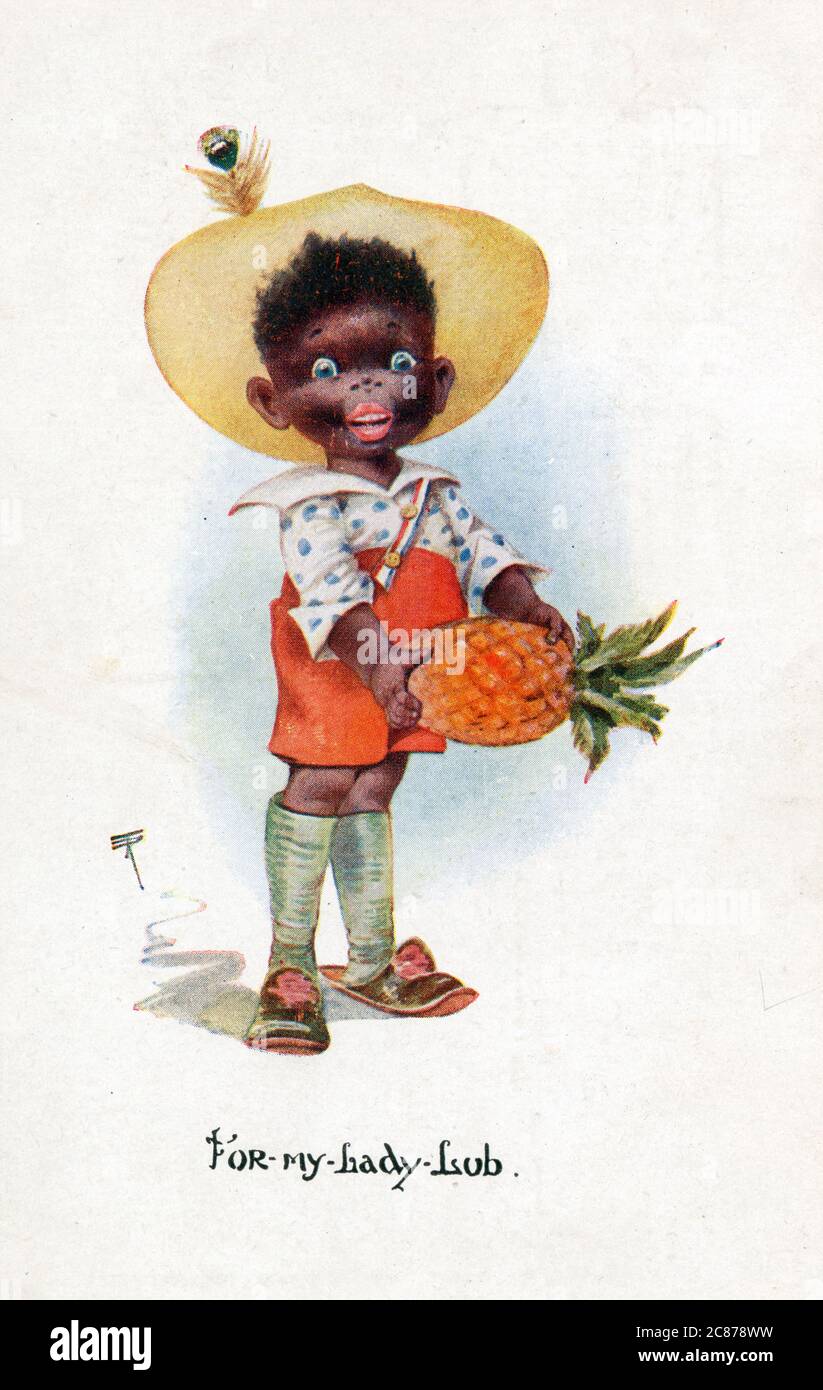Young black boy with a pineapple 'For My Lady Lub'. Stock Photo