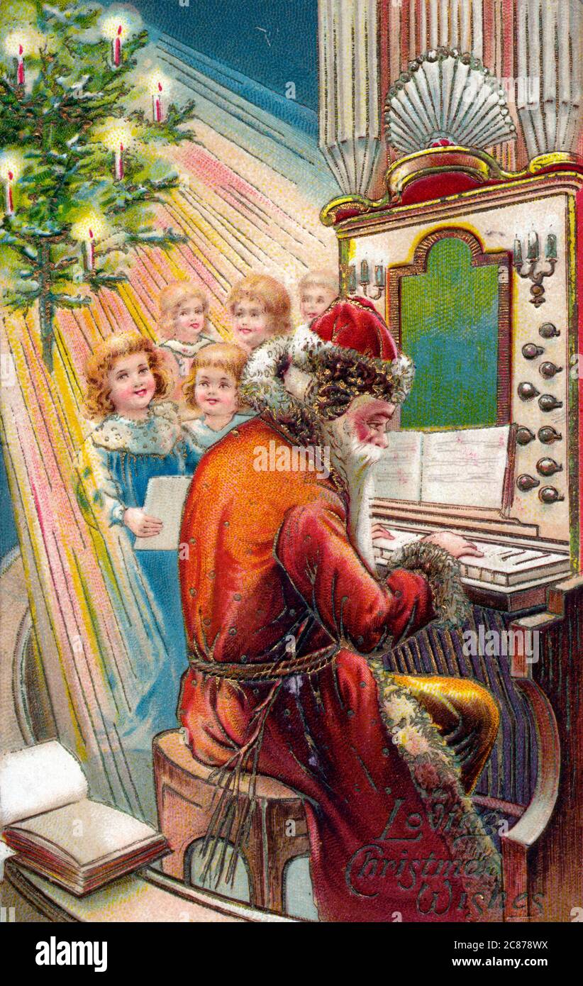 Christmas Wishes postcard - Santa Claus knocking out a few carols on the organ, accomponied by a (heavenly) host of child choristers bathed in light from a floating Christmas Tree! Stock Photo