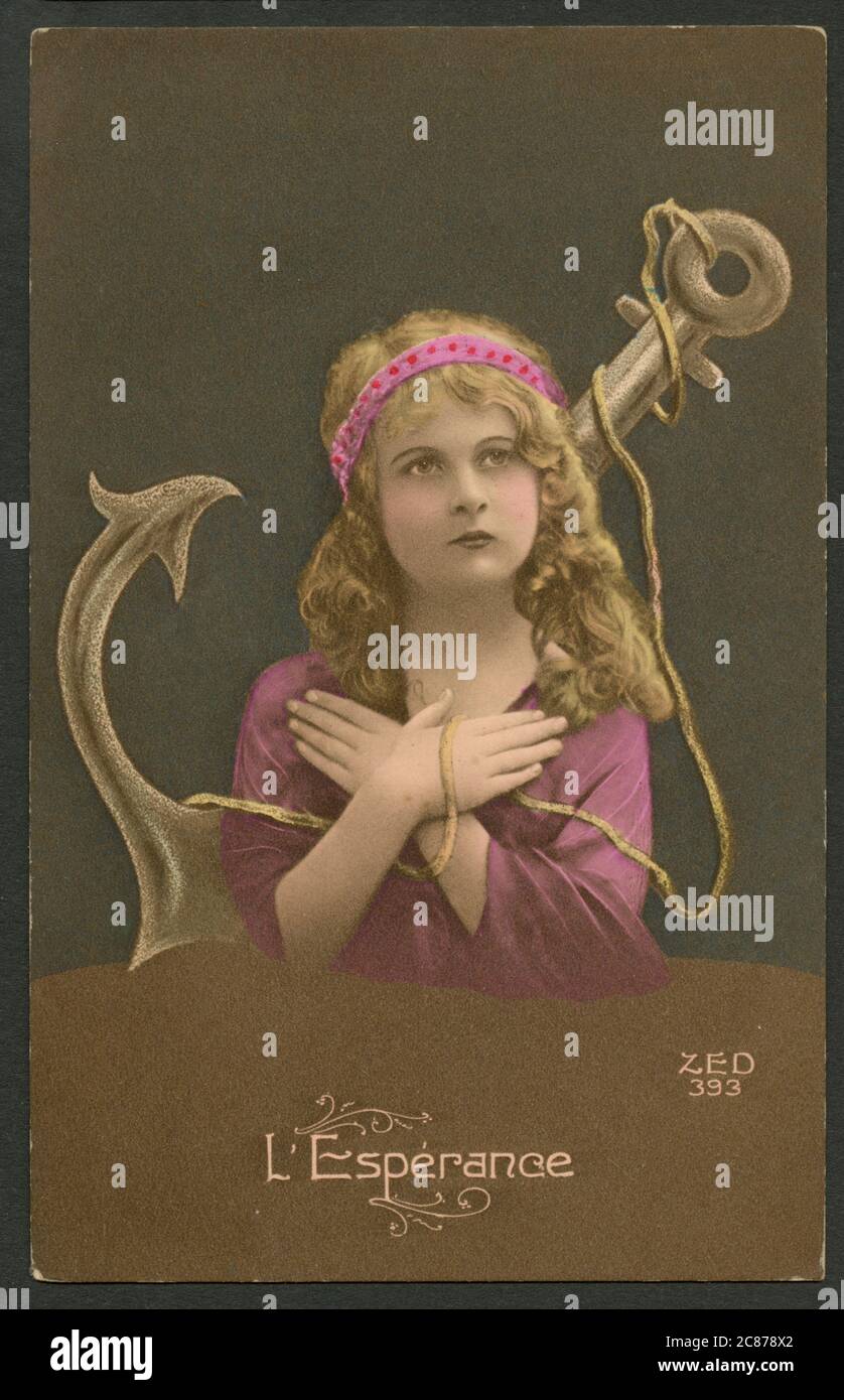 Kitsch French Postcard with a representation of 'Hope'. Stock Photo