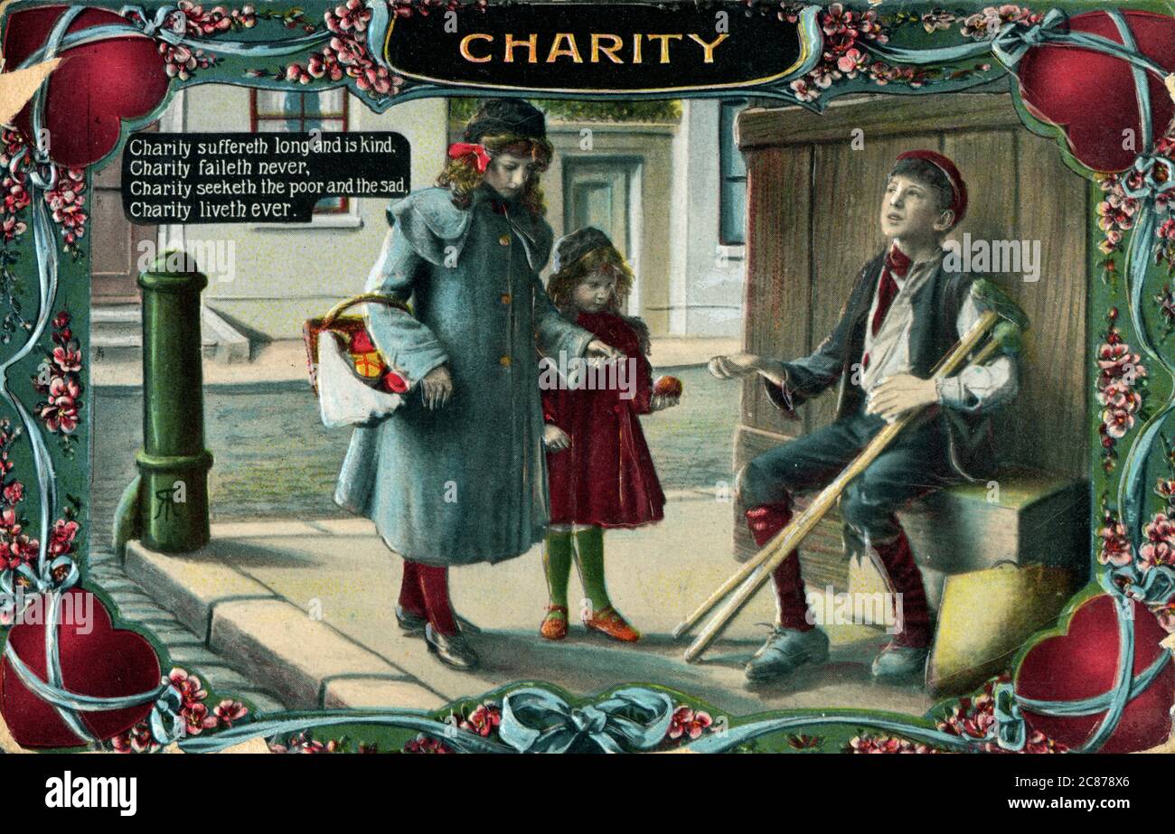 A moral postcard depicting Charity as two smartly-dressed young girls ...