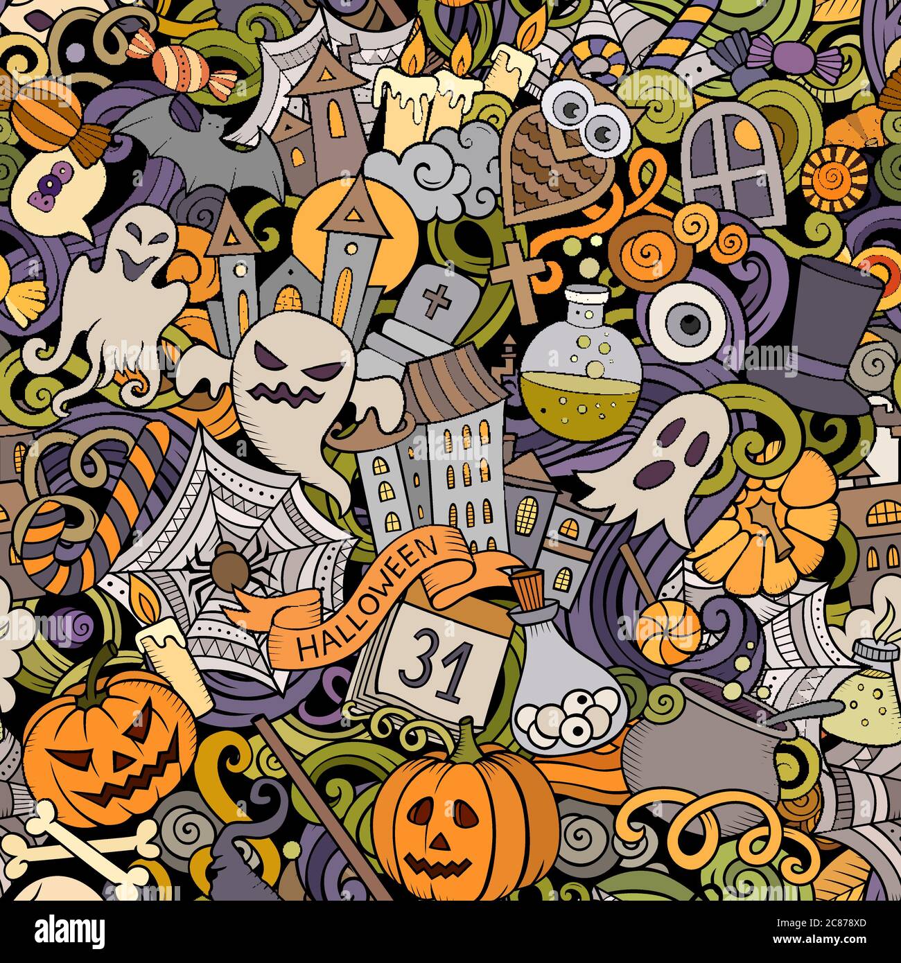 Cartoon cute doodles hand drawn Halloween seamless pattern Stock Vector ...