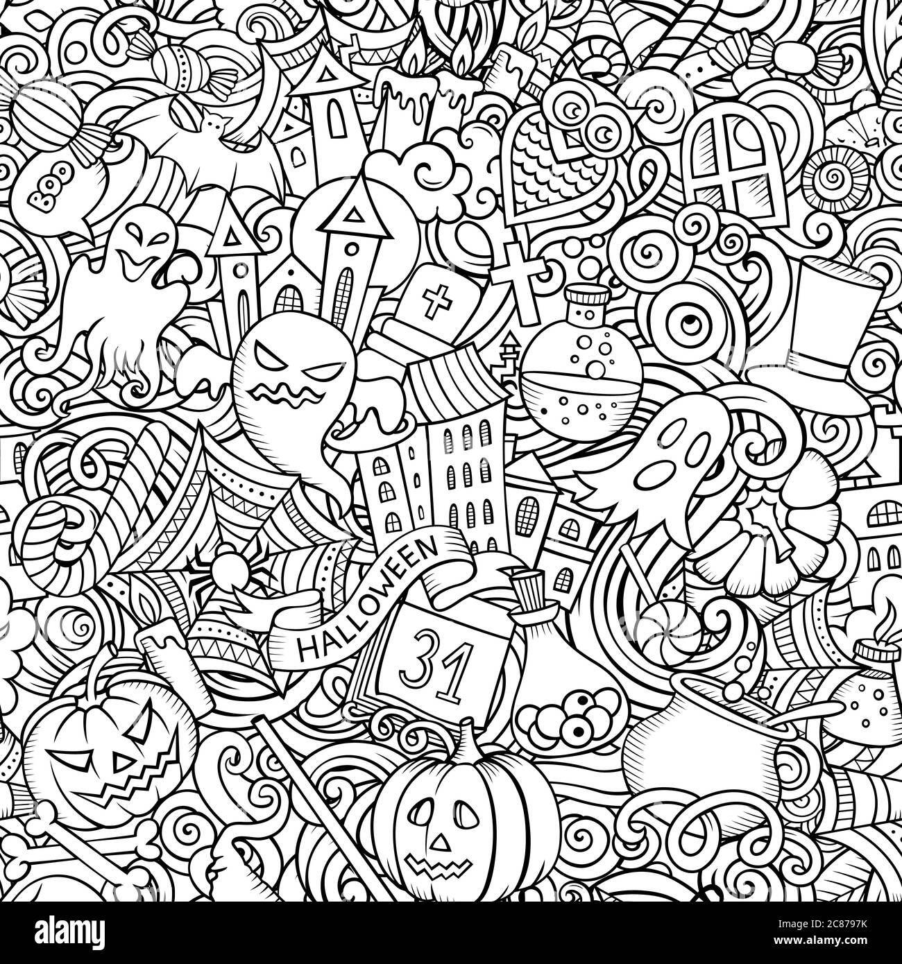 Cartoon cute doodles hand drawn Halloween seamless pattern Stock Vector ...