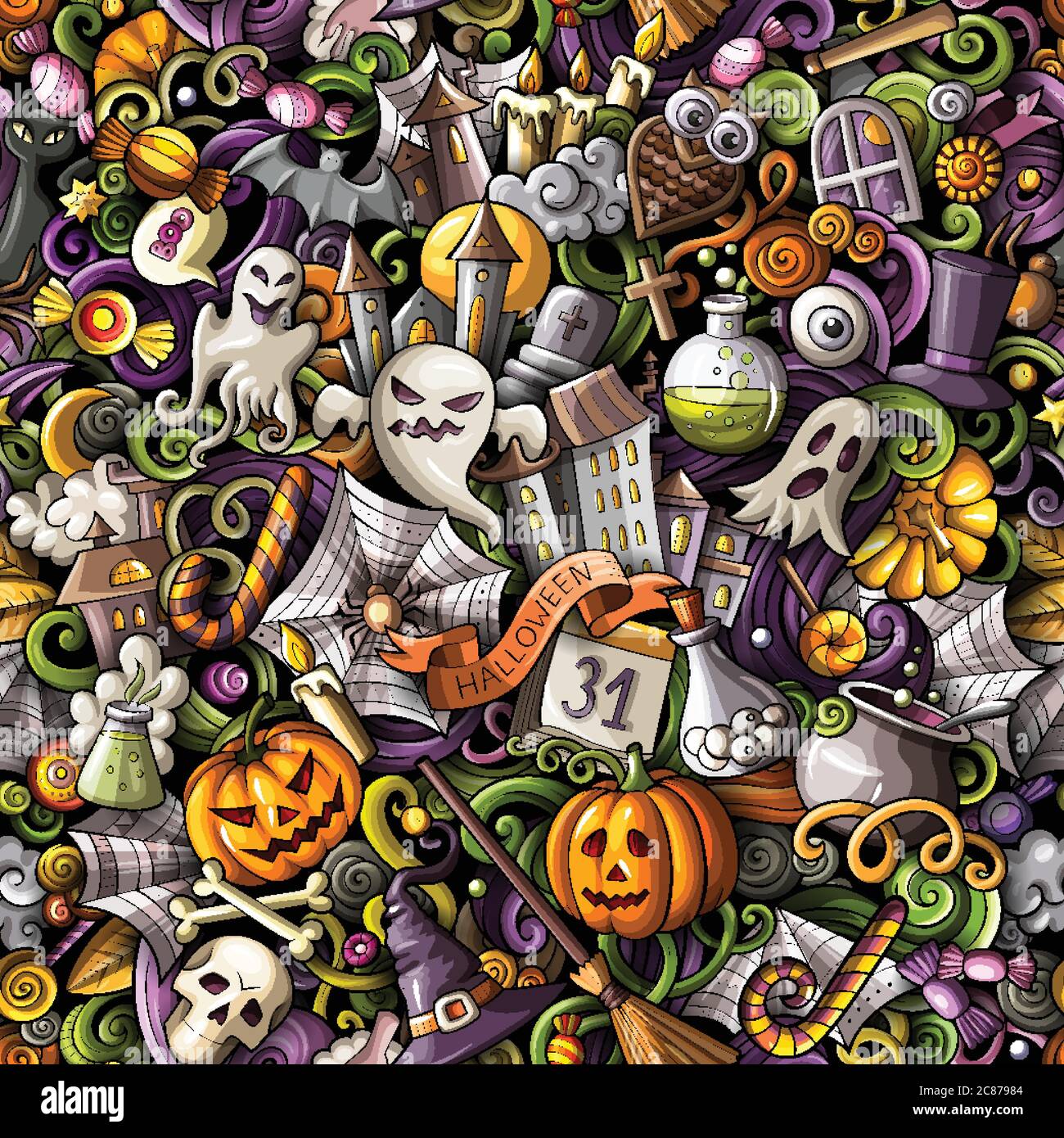 Cartoon cute doodles hand drawn Halloween seamless pattern Stock Vector ...