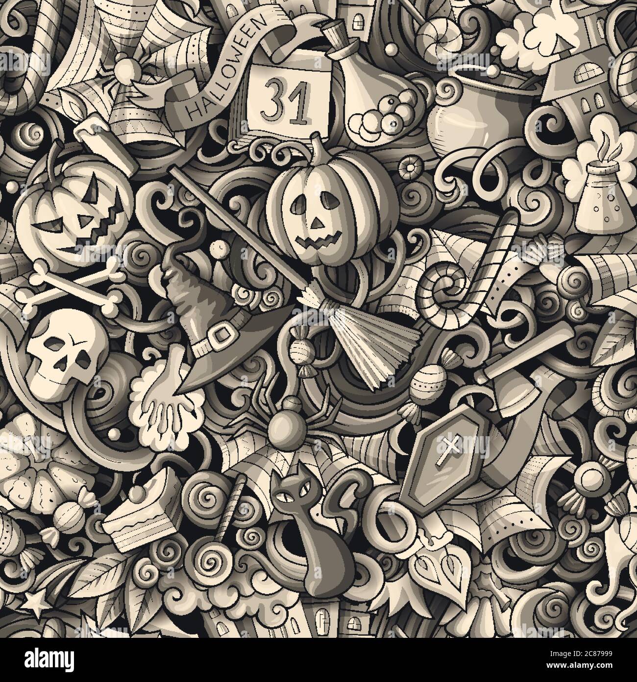 Cartoon cute doodles hand drawn Halloween seamless pattern Stock Vector ...
