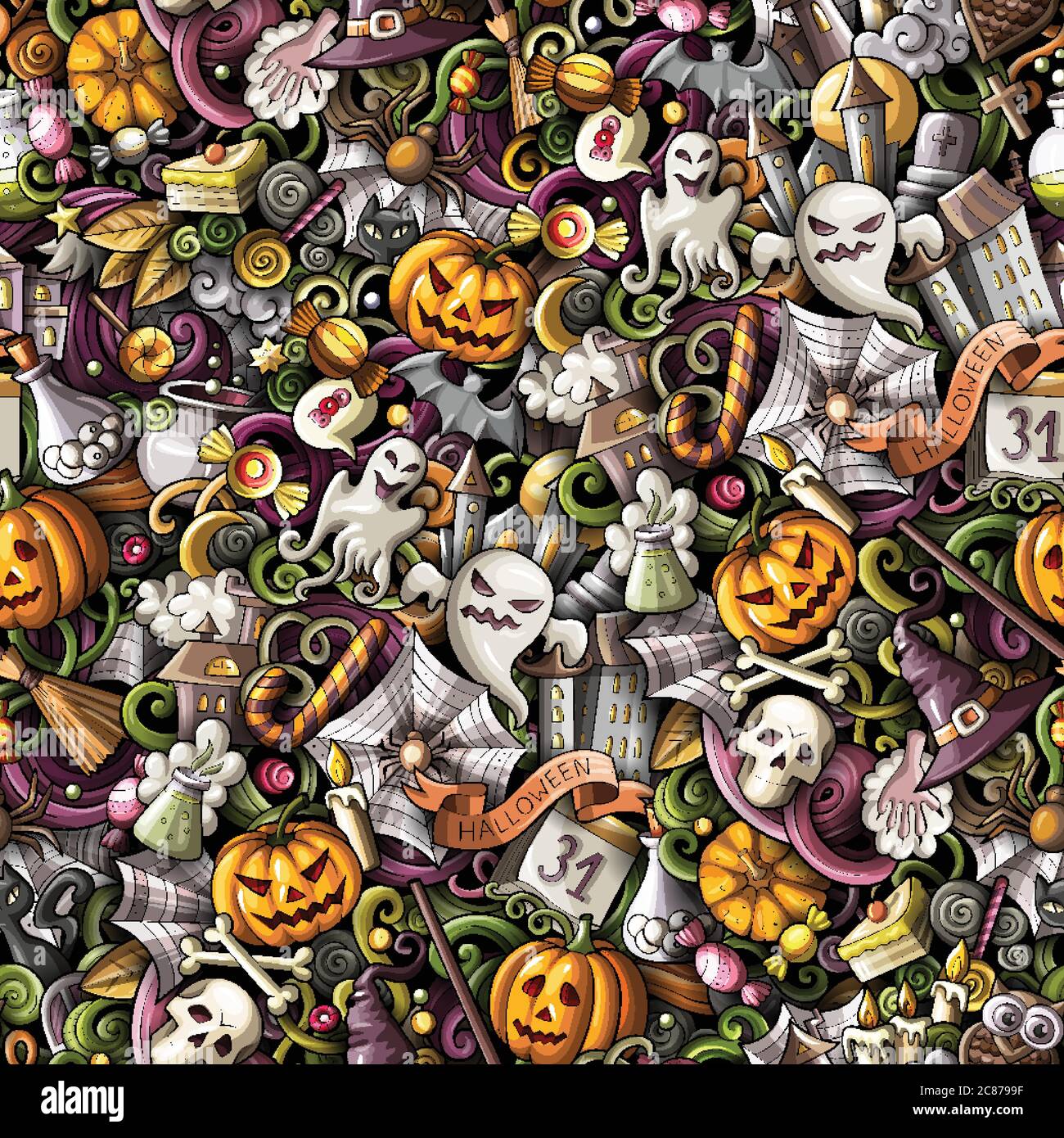 Cartoon cute doodles hand drawn Halloween seamless pattern Stock Vector ...