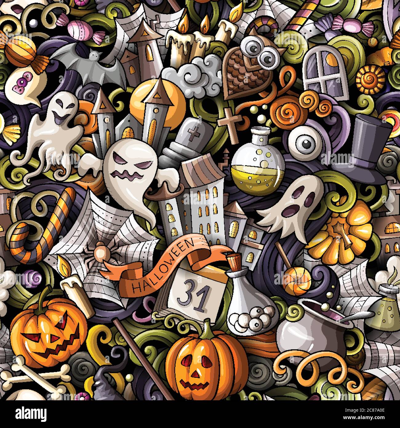 Cartoon cute doodles hand drawn Halloween seamless pattern Stock Vector ...