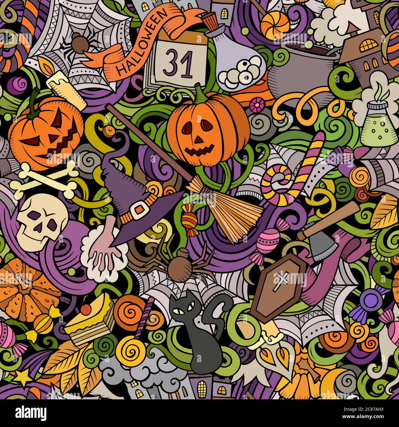 Cartoon cute doodles hand drawn Halloween seamless pattern Stock Vector ...