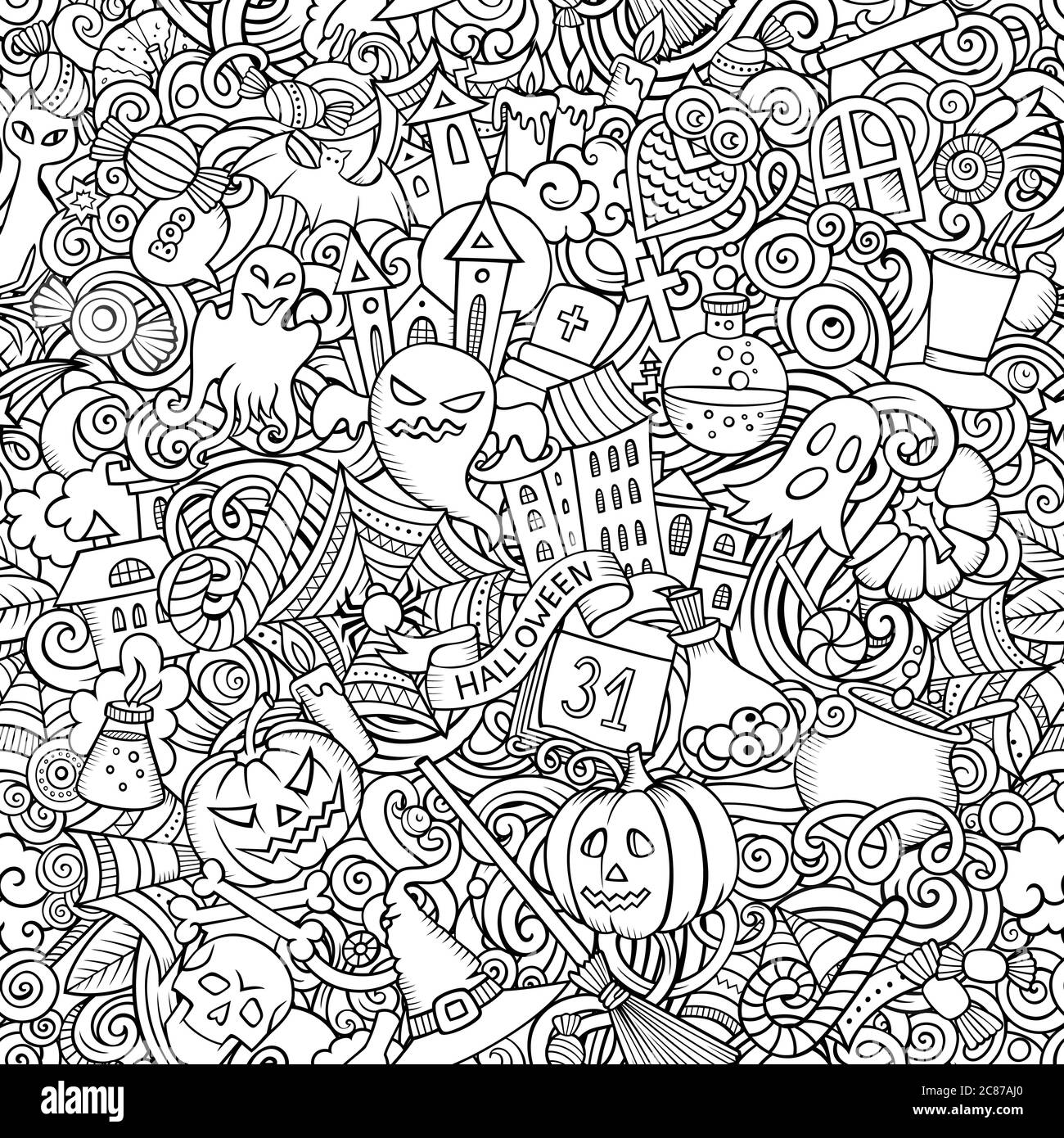 Cartoon cute doodles hand drawn Halloween seamless pattern Stock Vector ...
