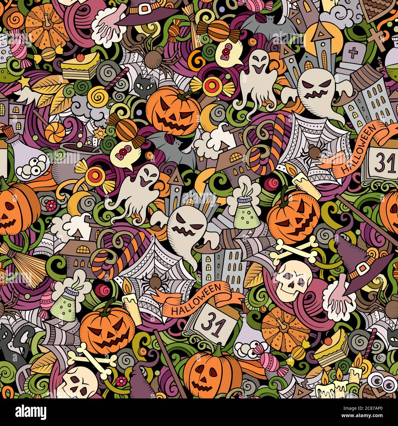 Cartoon cute doodles hand drawn Halloween seamless pattern Stock Vector ...