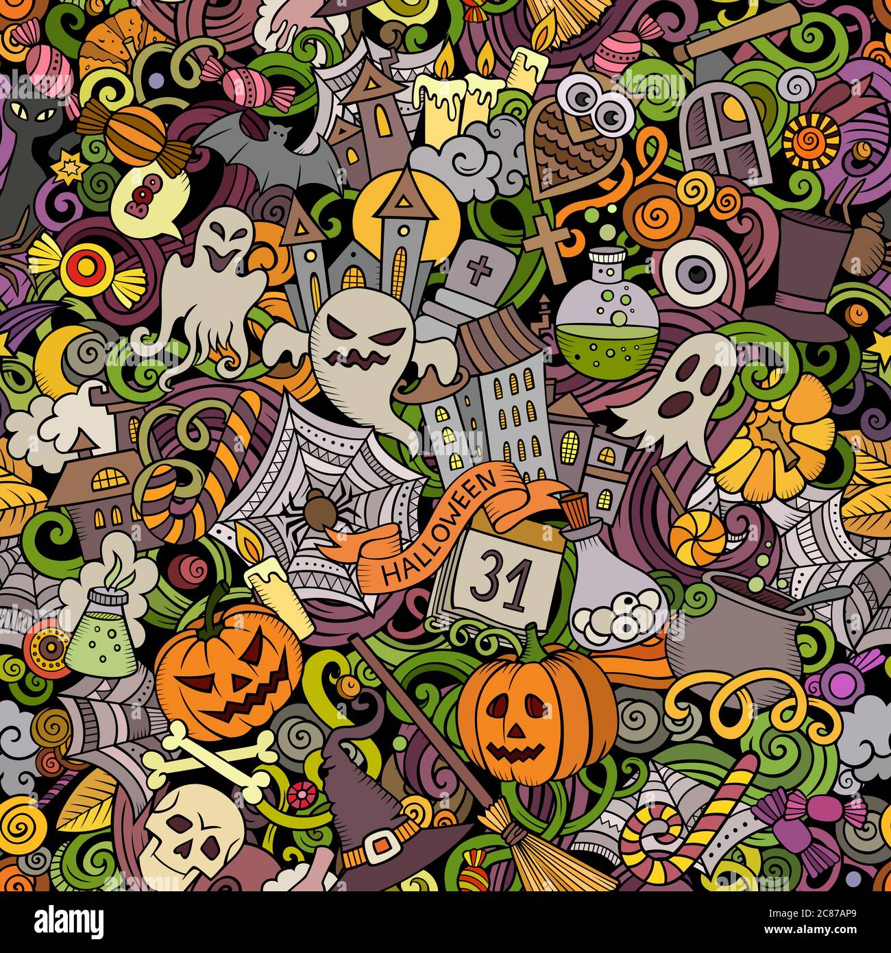 Cartoon cute doodles hand drawn Halloween seamless pattern Stock Vector ...