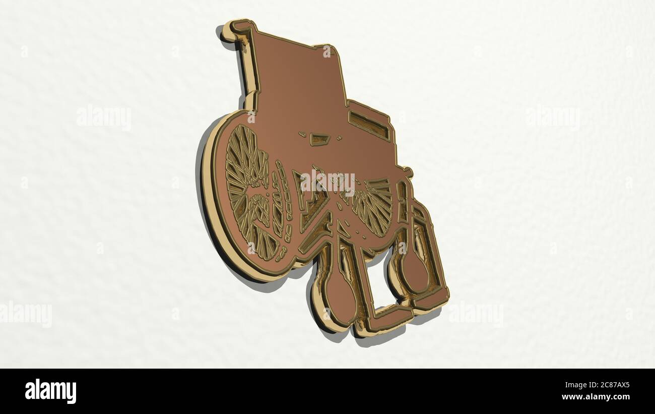 WHEELCHAIR on the wall. 3D illustration of metallic sculpture over a