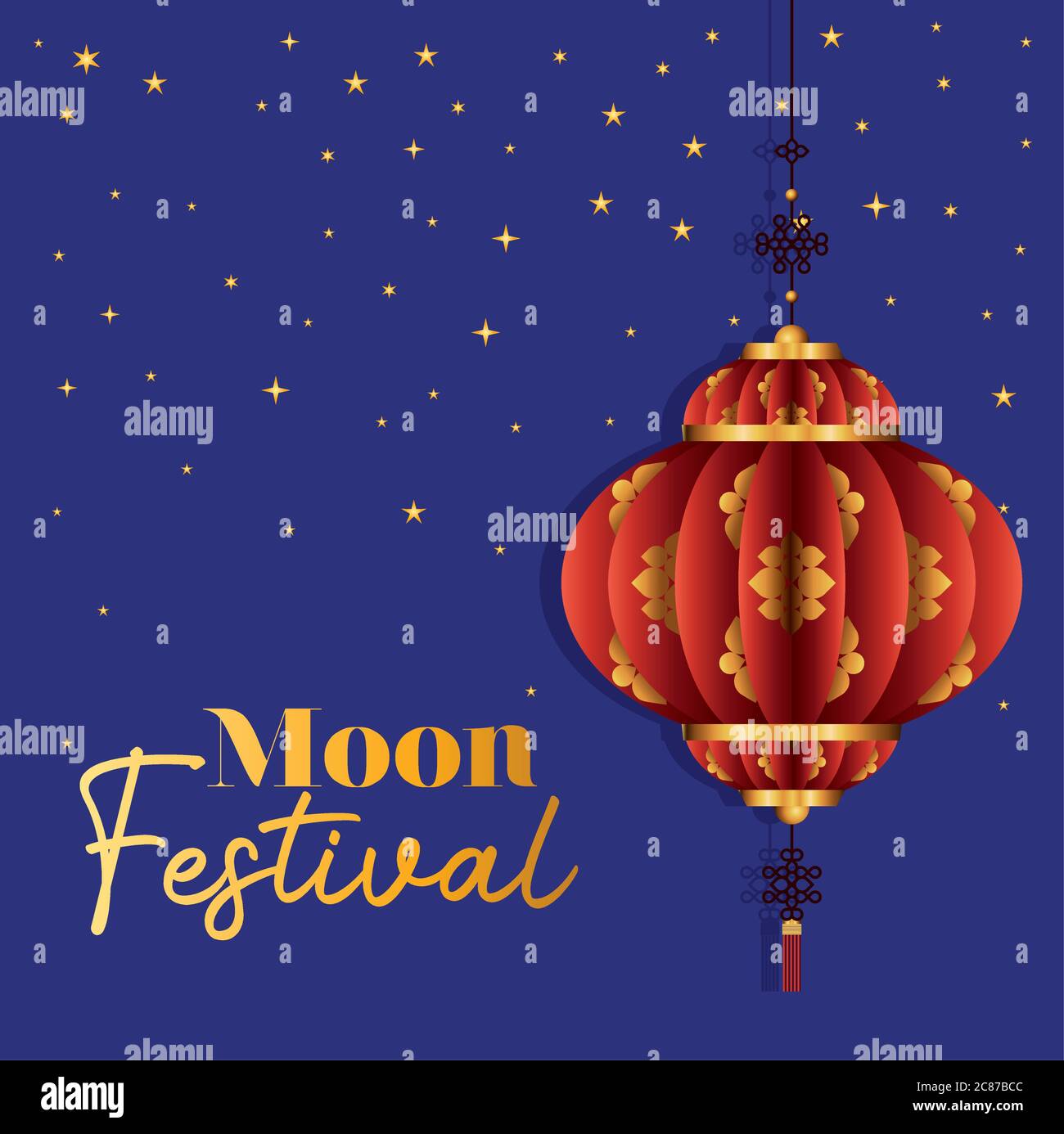 Mid autumn harvest moon festival with red lantern and stars design