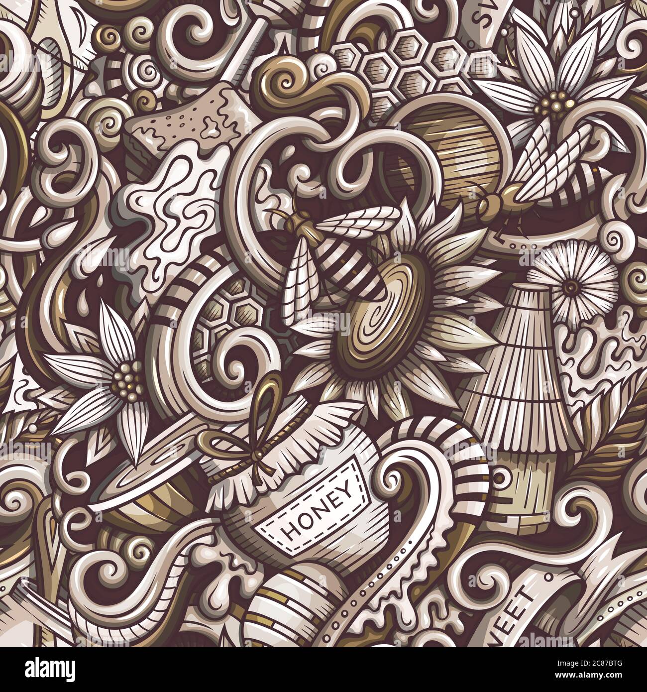 Cartoon cute doodles hand drawn Honey seamless pattern Stock Vector ...