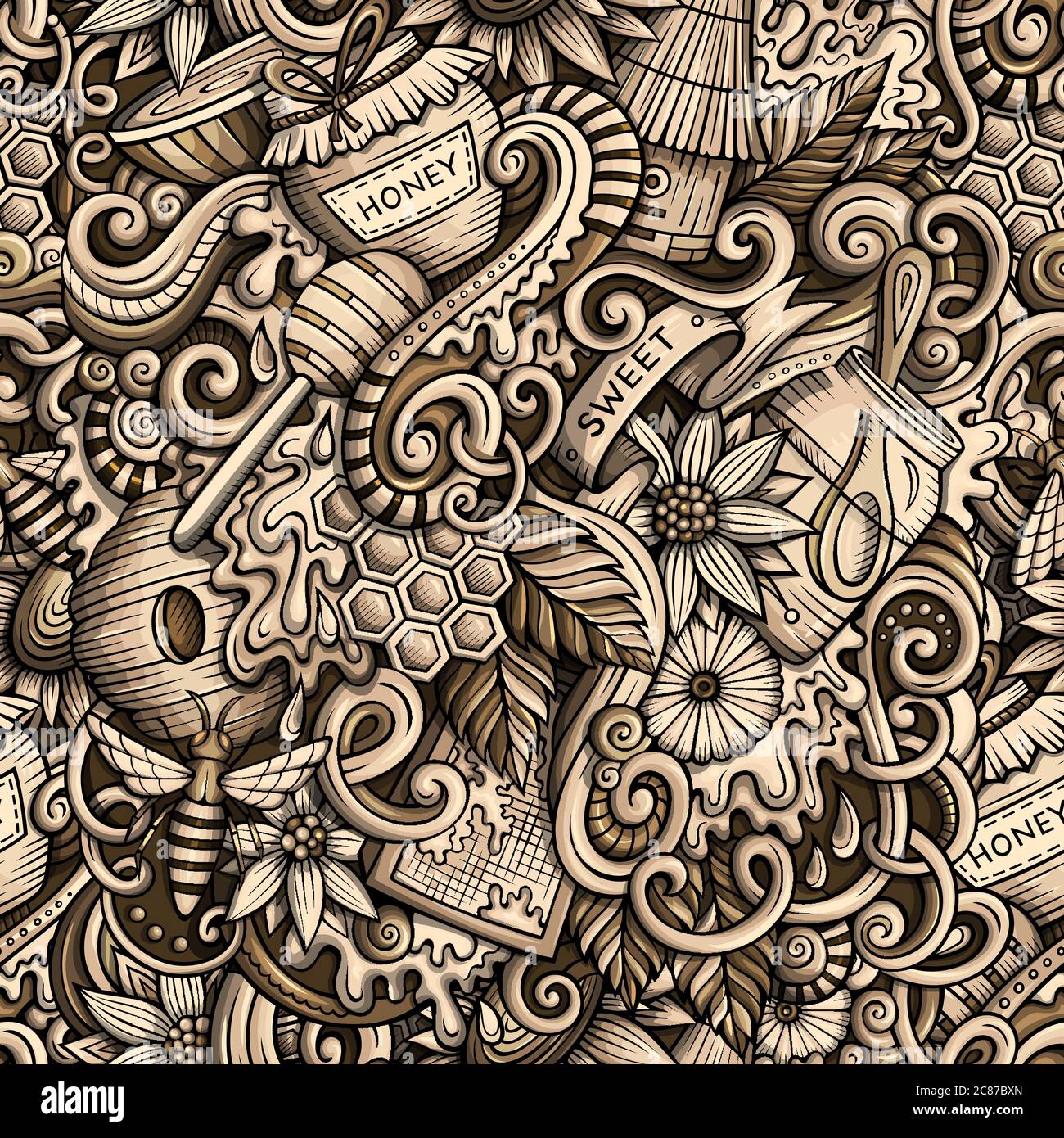 Cartoon cute doodles hand drawn Honey seamless pattern Stock Vector ...