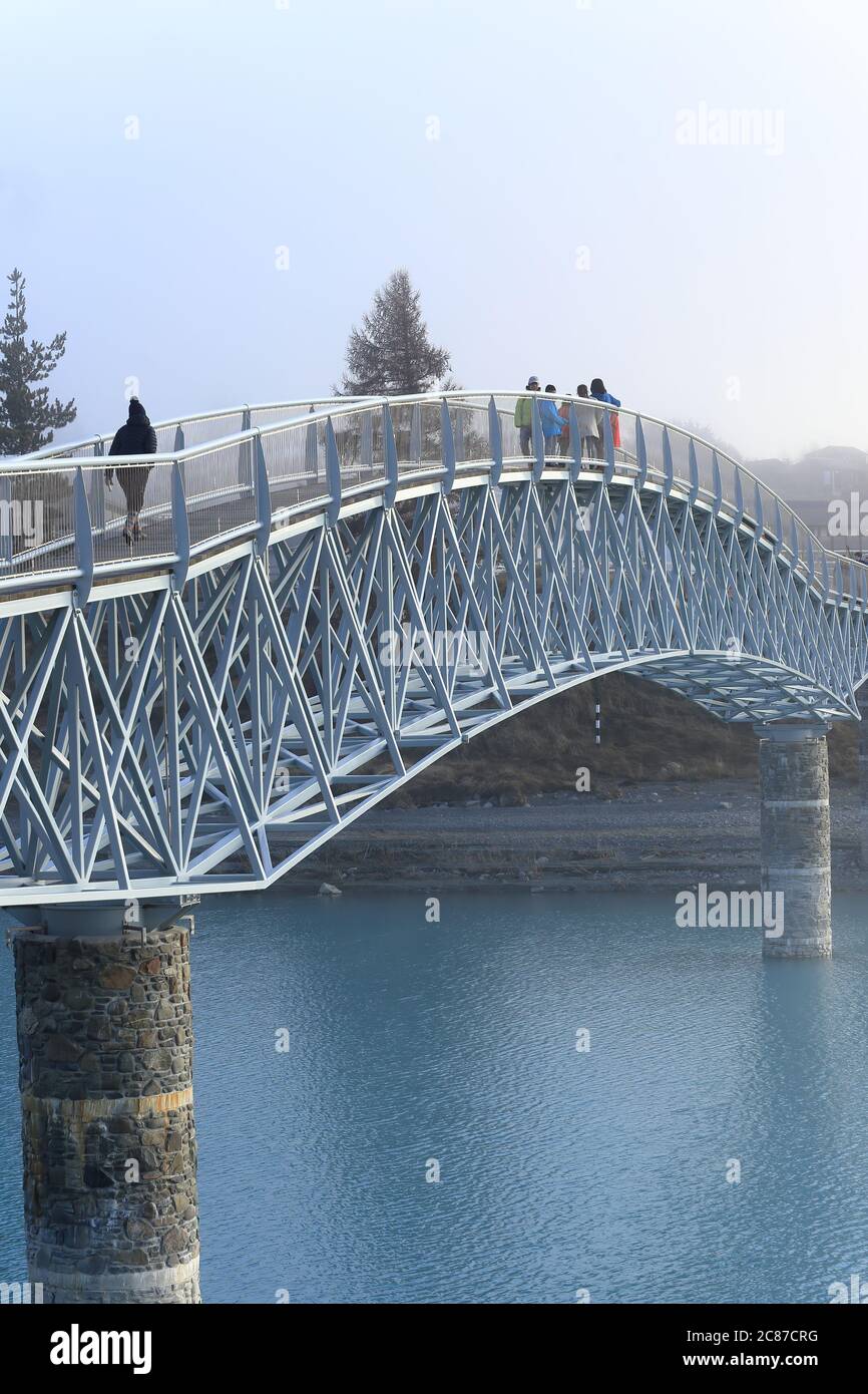 Lake Tekapo footbridge in winter conditions Stock Photo