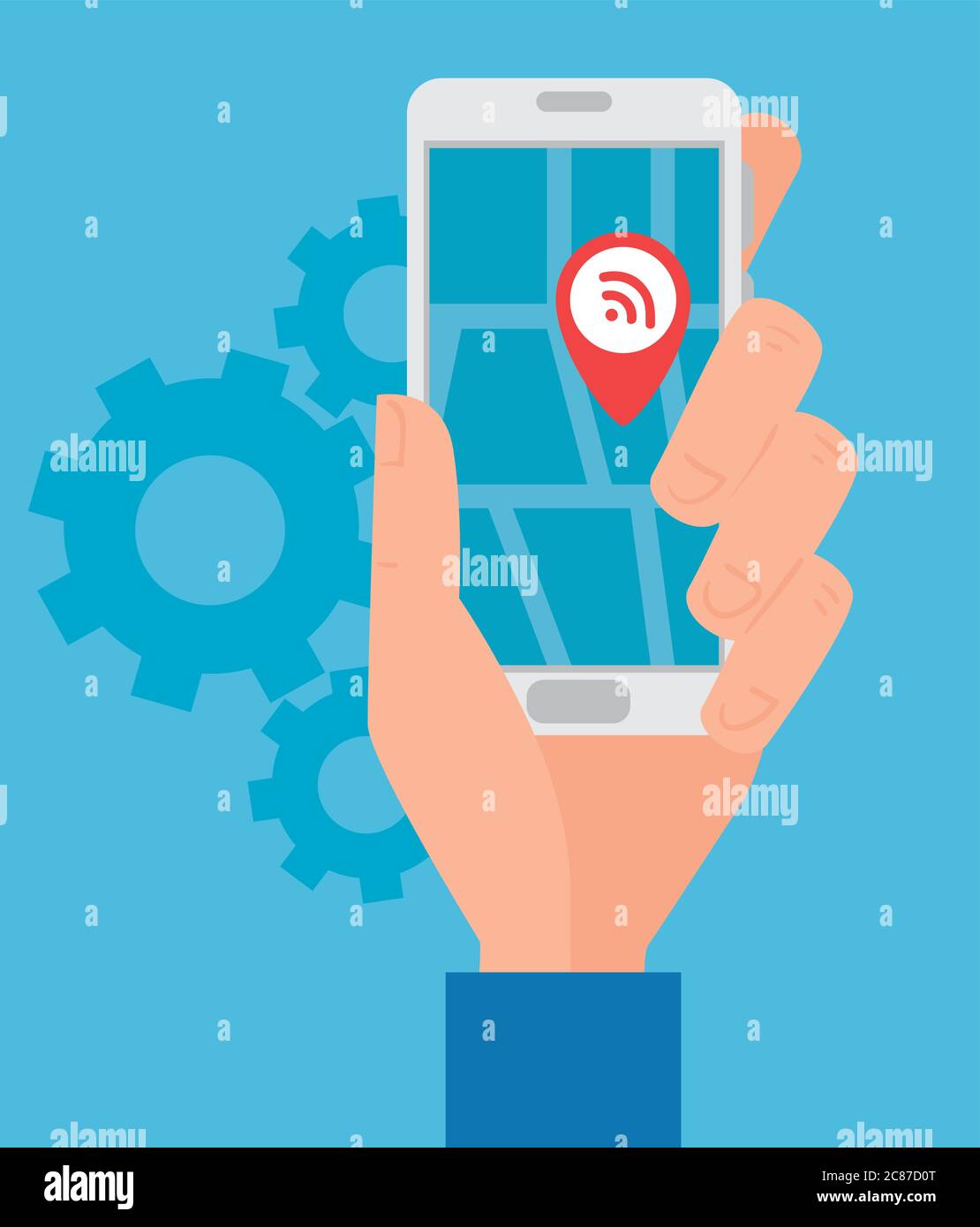 gps, hand holding smartphone navigation application and red pinpoint on screen Stock Vector