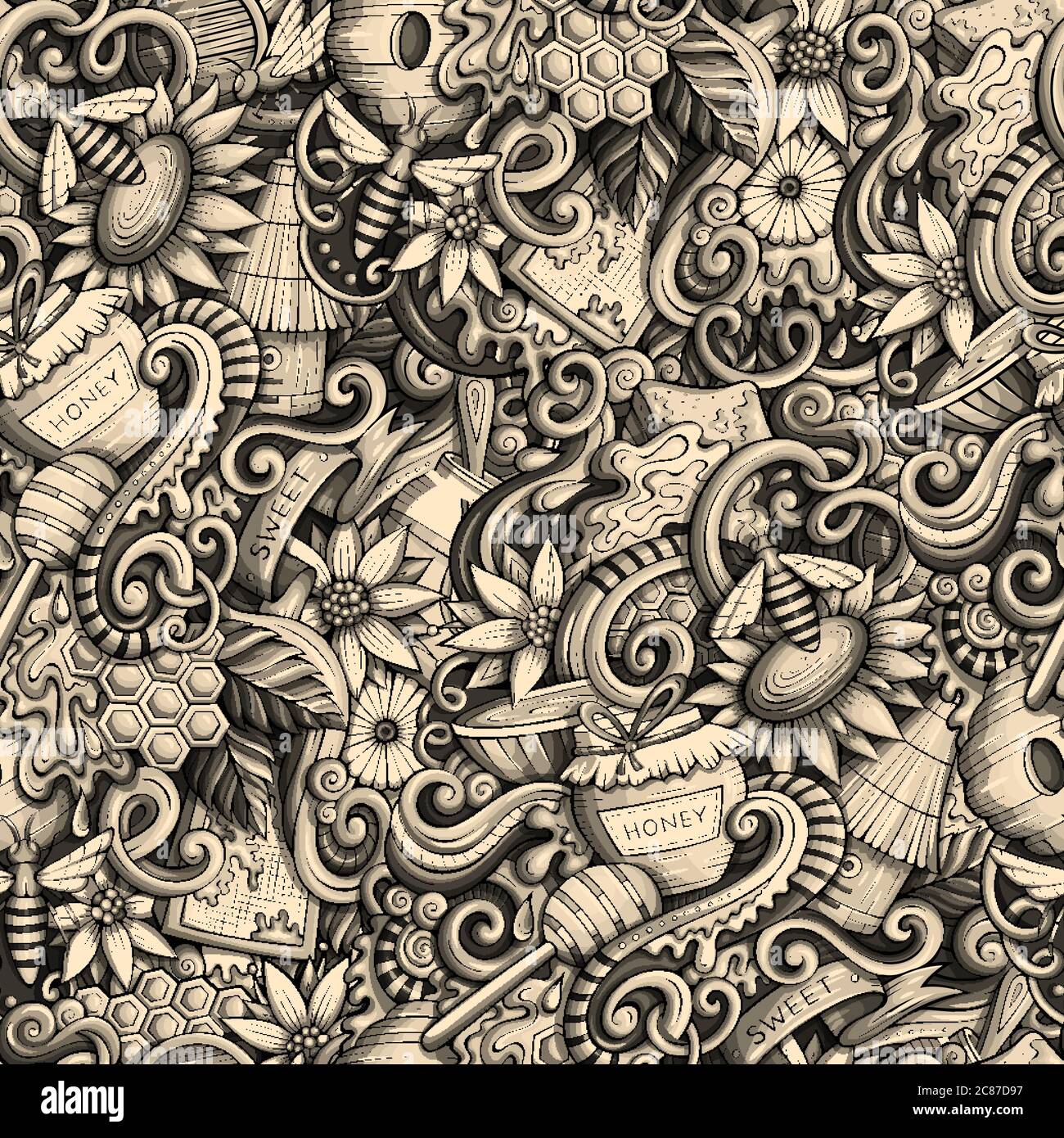 Cartoon cute doodles hand drawn Honey seamless pattern Stock Vector ...
