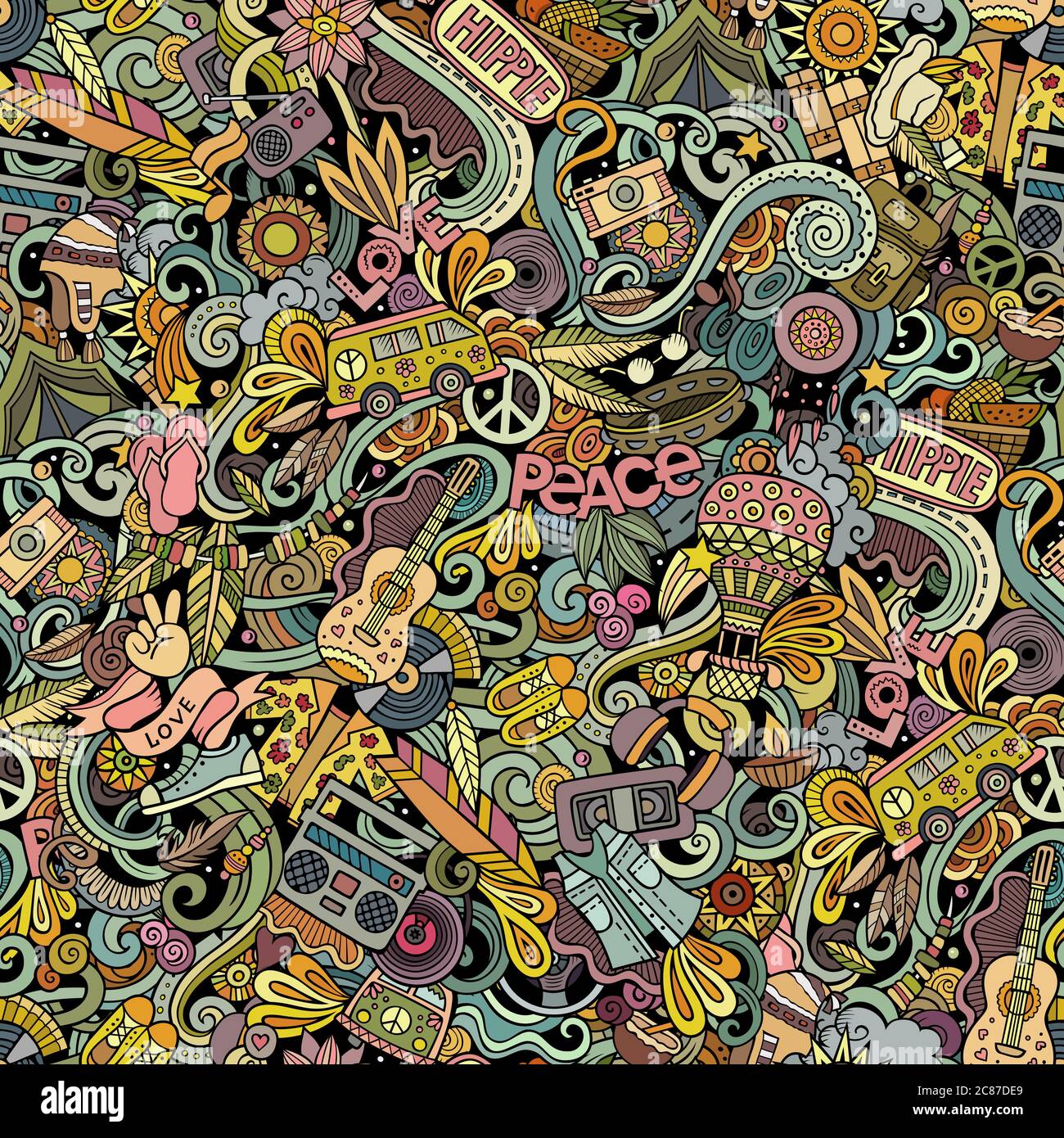 Hippie hand drawn doodles seamless pattern. Hippy background Stock