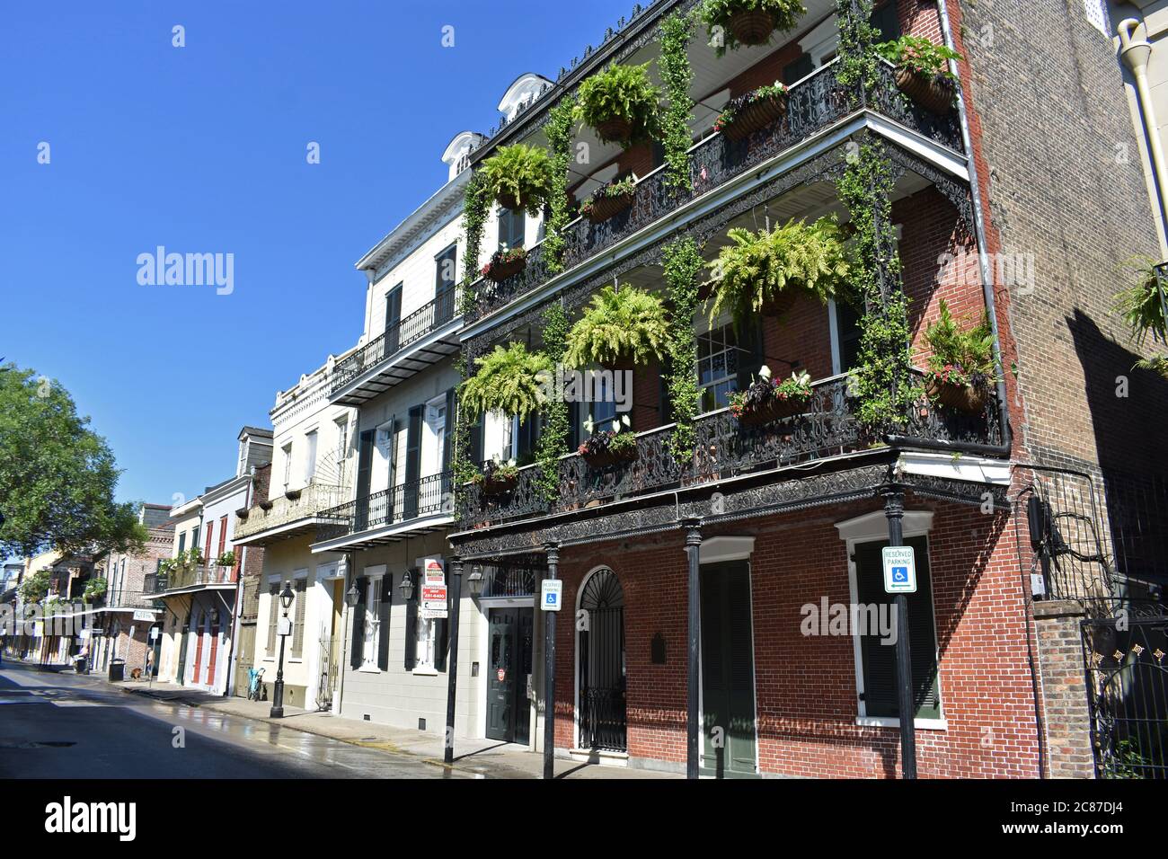 Elaborate ironwork galleries covered in lush green plants on a building along Royal street in the historic French Quarter of New Orleans, Louisiana. Stock Photo