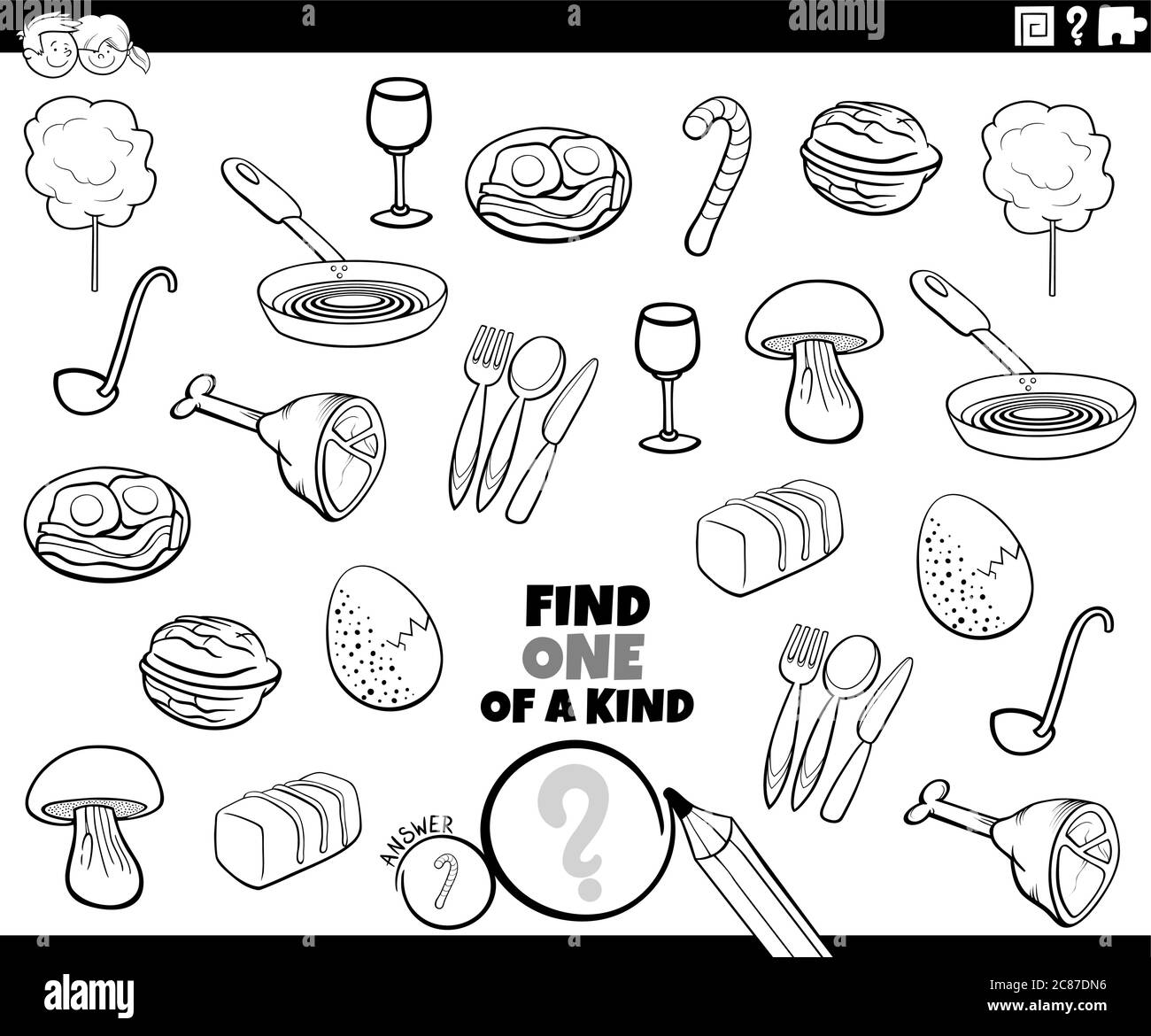 Black and White Cartoon Illustration of Find One of a Kind Picture Educational Game with Food Objects and Utensils Coloring Book Page Stock Vector