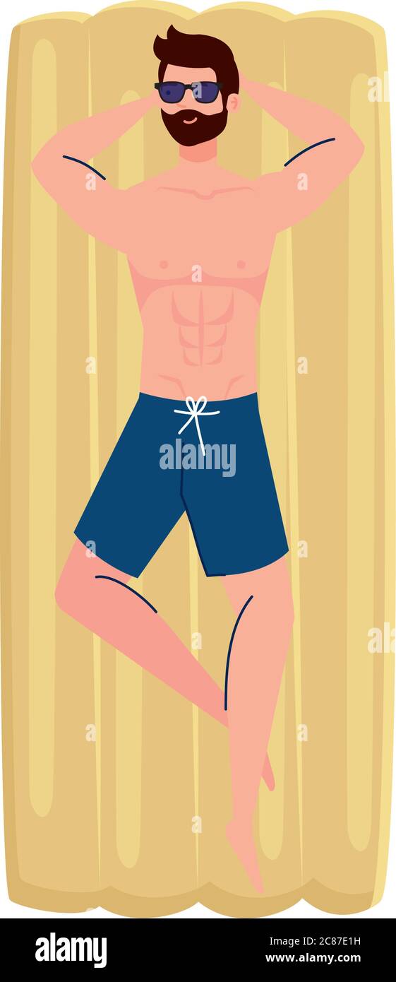 man in lying down on inflatable float in shorts, summer vacation season