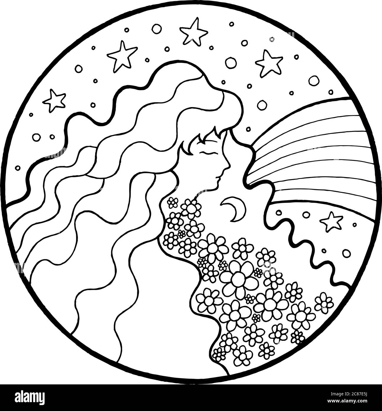 Fairy tales coloring page with girl with flower in hair. Hand drawn vector  illustration with woman, star, moon, night sky and rainbow. Art for design  Stock Vector Image & Art - Alamy