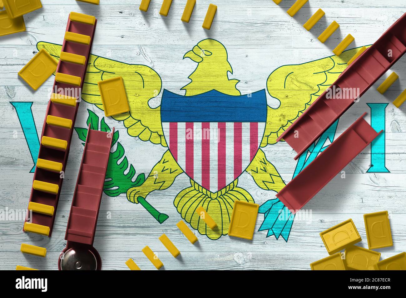 United States Virgin Islands Flag With National Background With Dominoes On Wooden Table Top View Concept Of Game Stock Photo Alamy