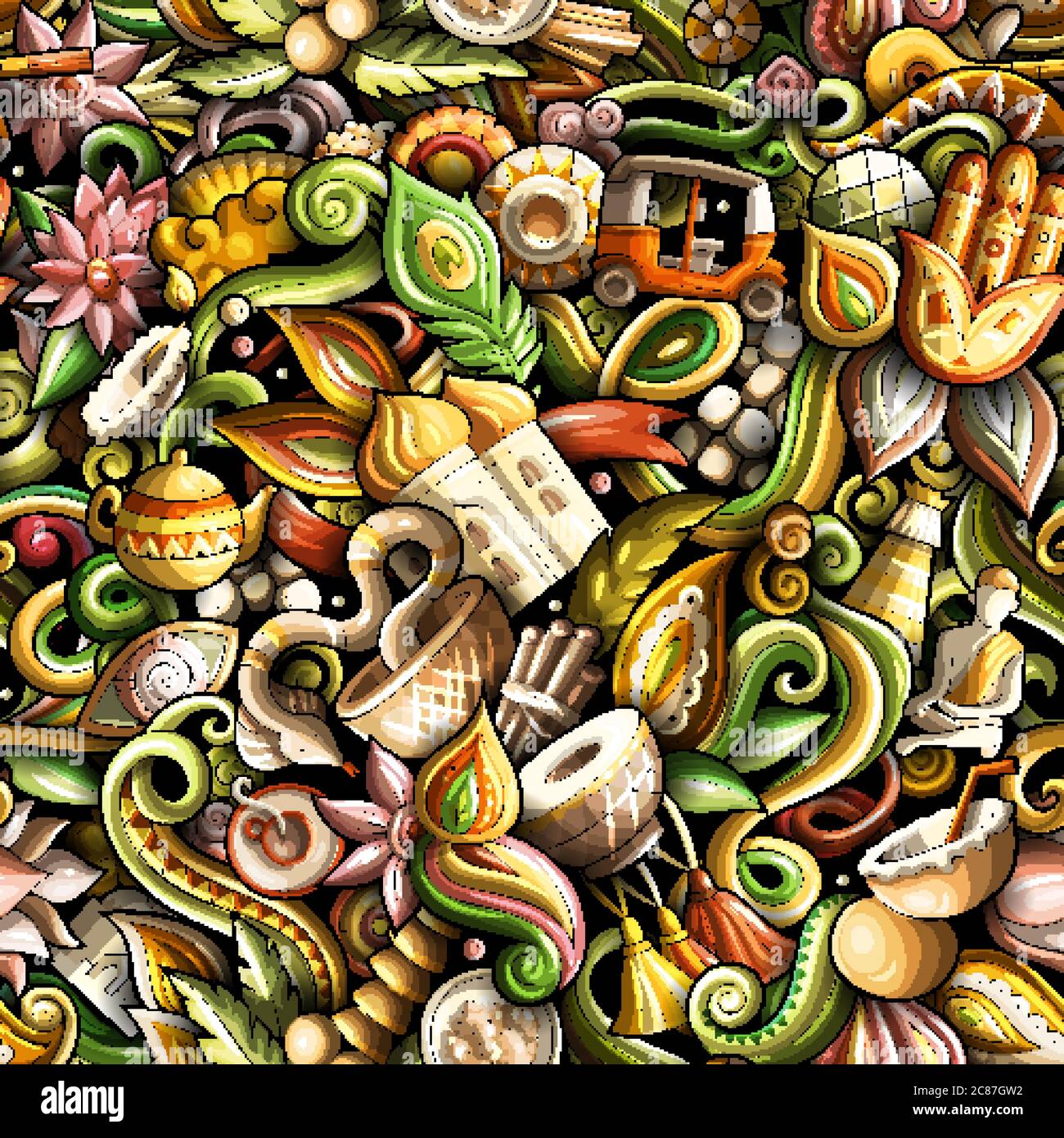 India culture hand drawn doodles seamless pattern. Indian backgraund