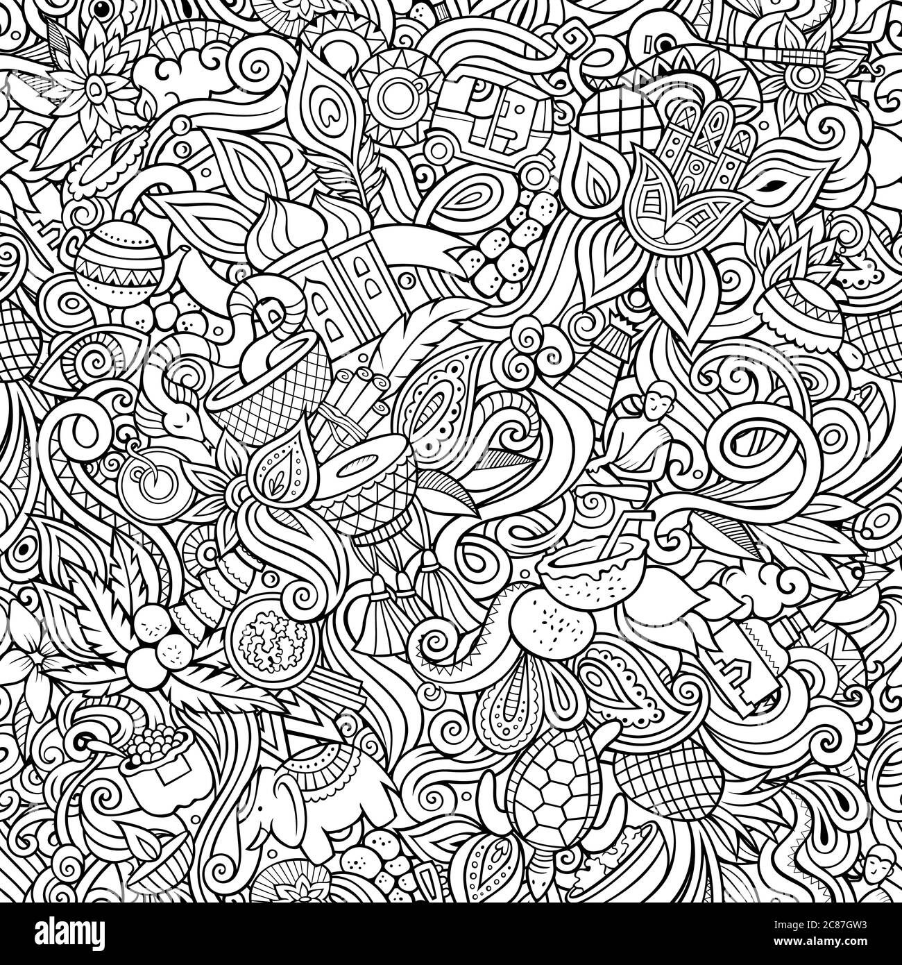 India culture hand drawn doodles seamless pattern. Indian background Stock  Vector Image & Art - Alamy